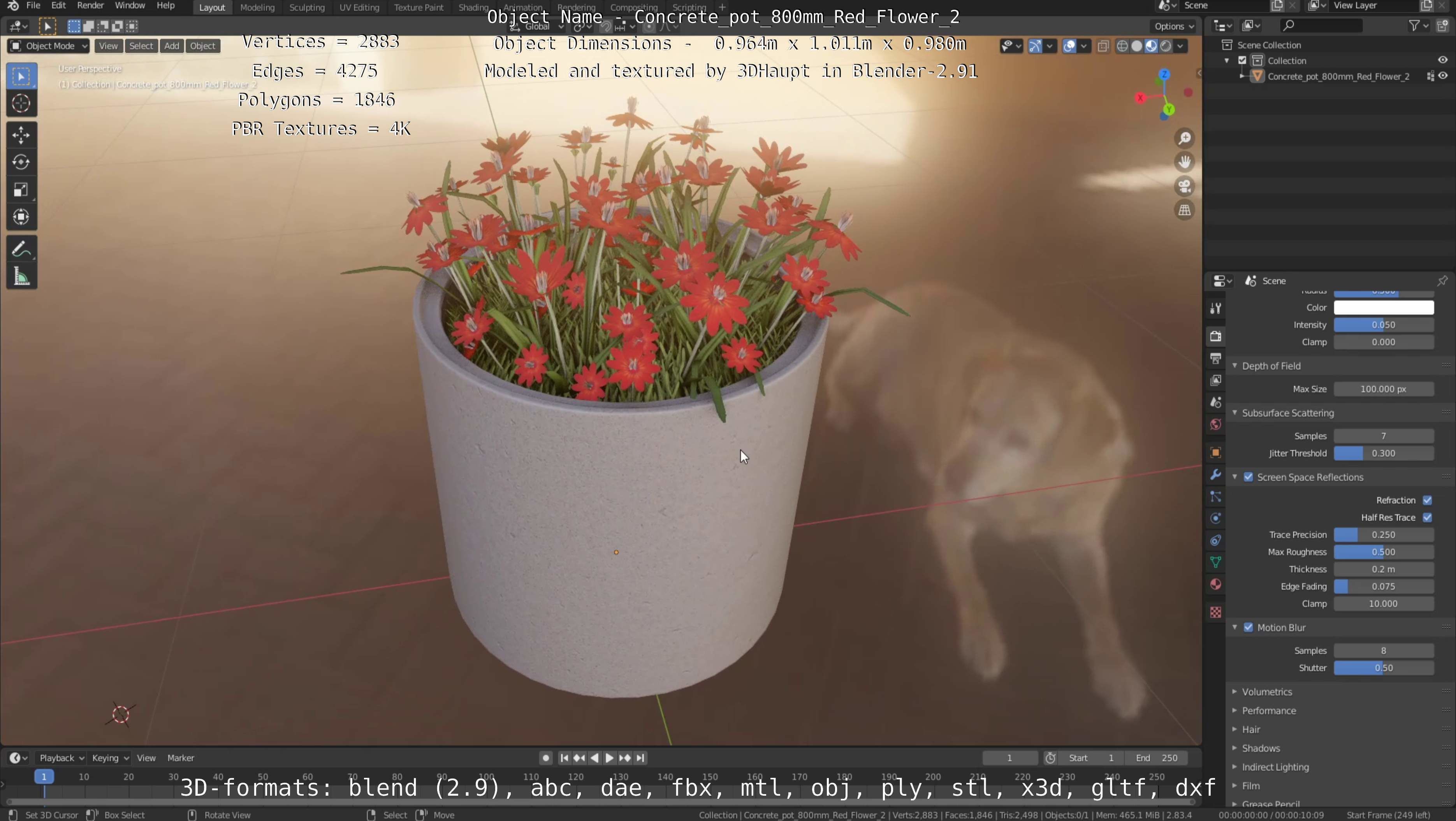 Concrete Pot 800mm with Red Flowers Version 2 Low-poly 3D model_87