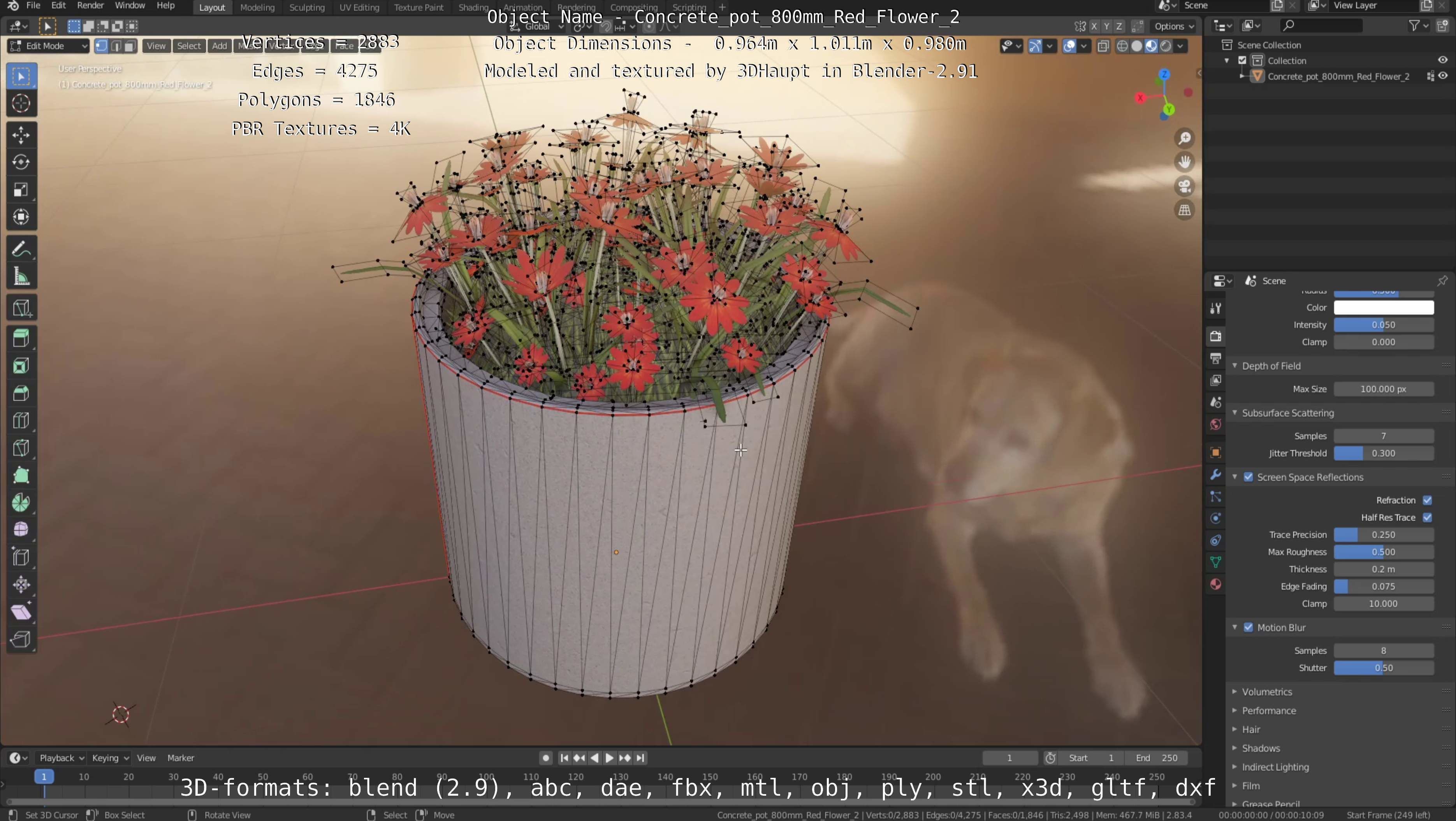 Concrete Pot 800mm with Red Flowers Version 2 Low-poly 3D model_98
