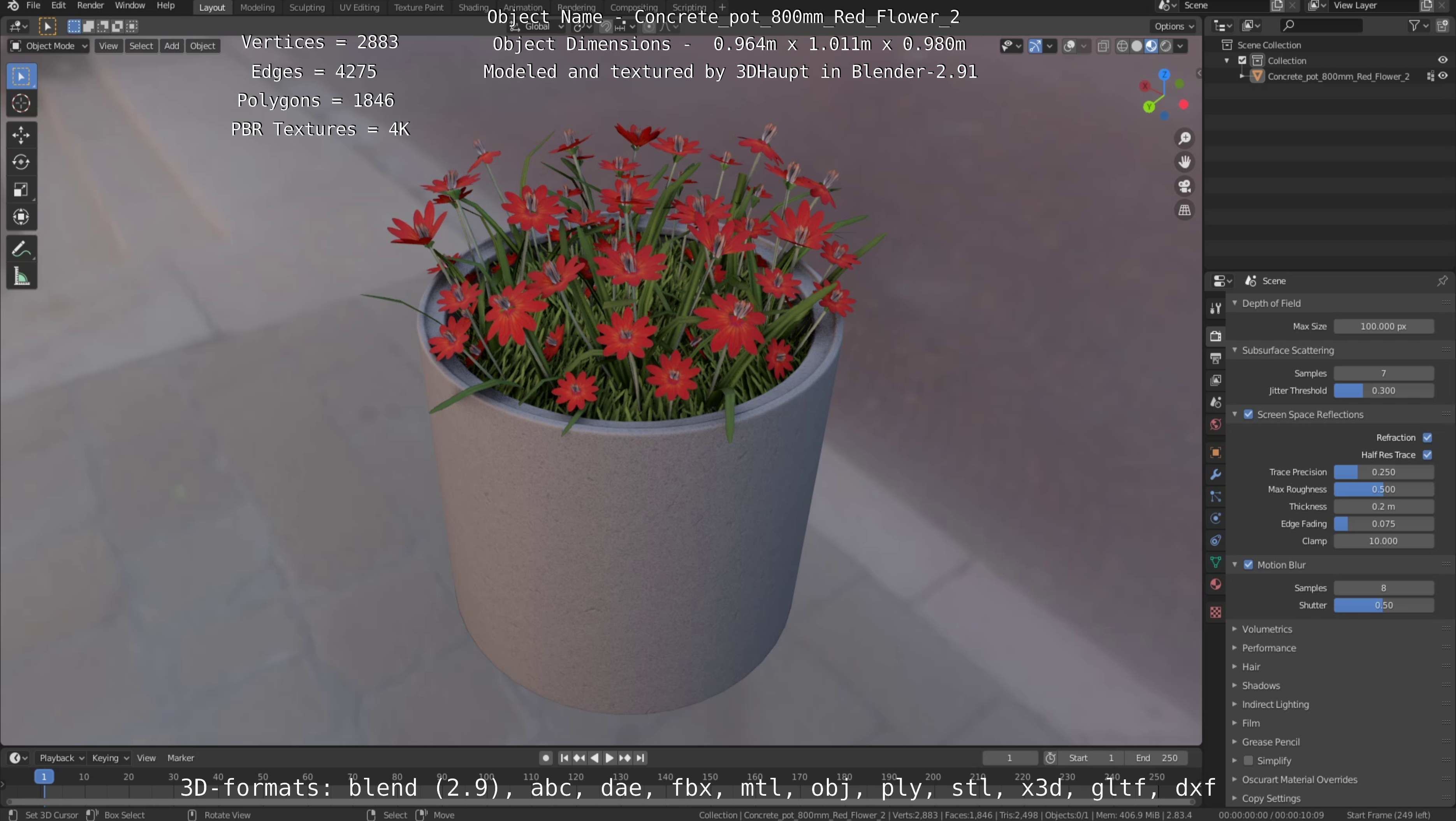 Concrete Pot 800mm with Red Flowers Version 2 Low-poly 3D model_47