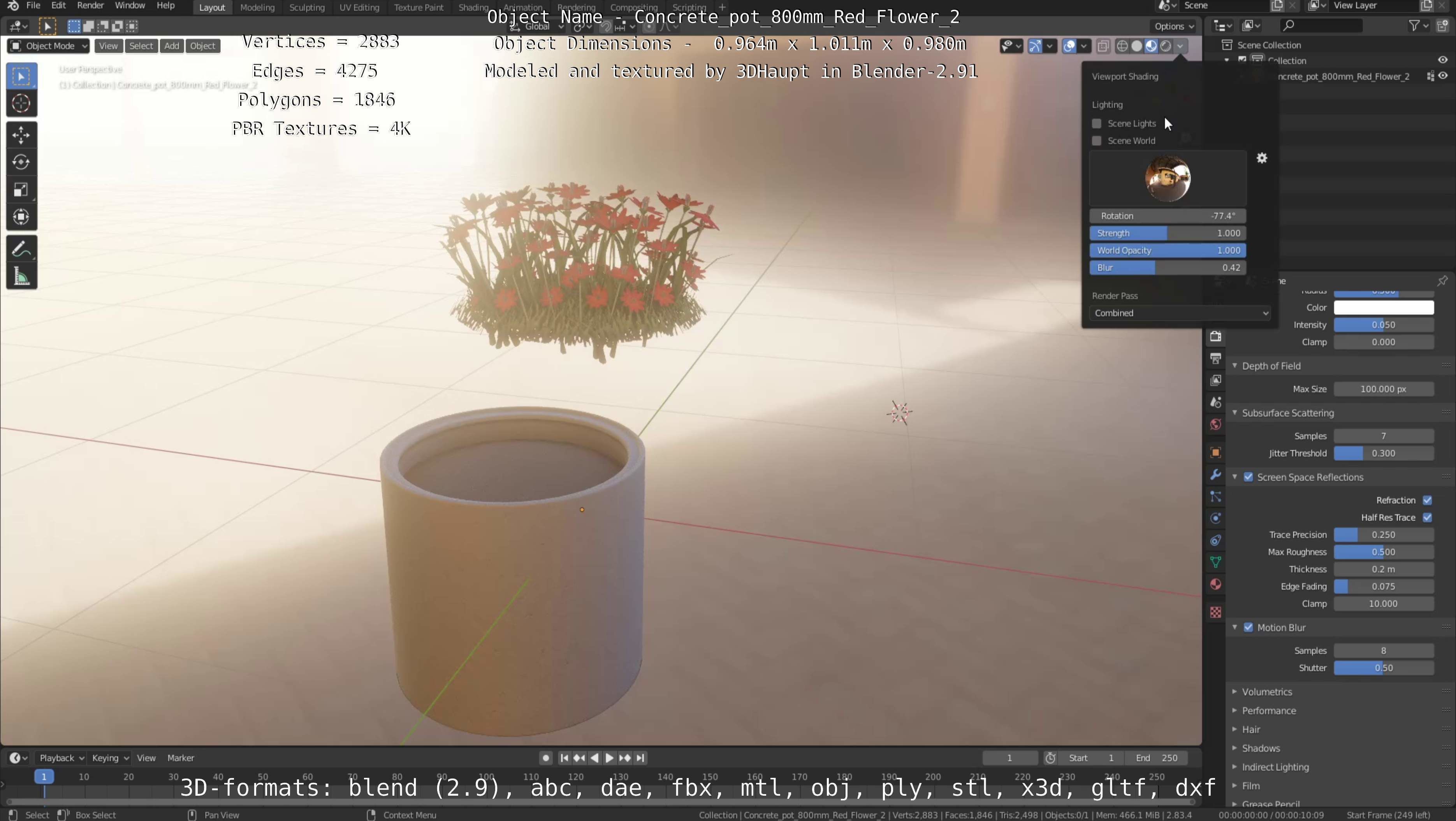 Concrete Pot 800mm with Red Flowers Version 2 Low-poly 3D model_37