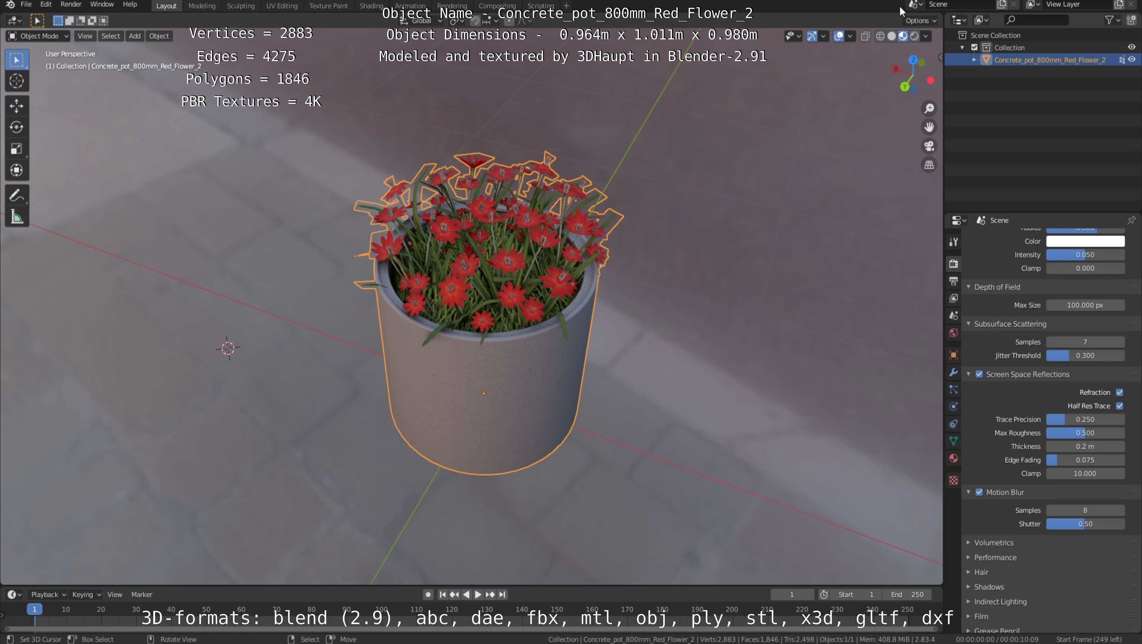 Concrete Pot 800mm with Red Flowers Version 2 Low-poly 3D model_14