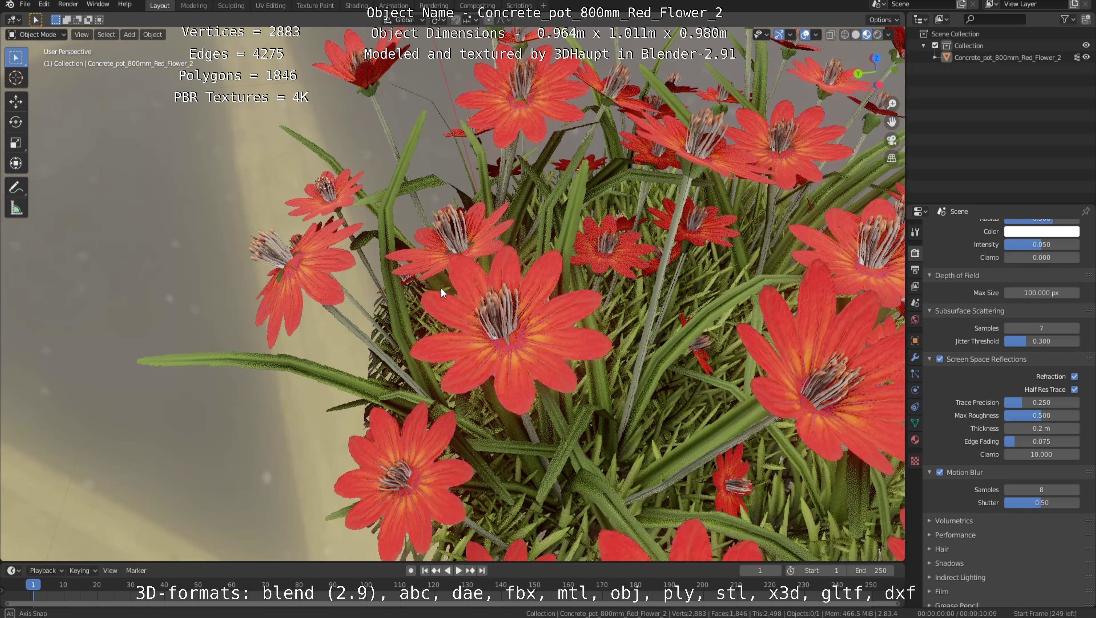 Concrete Pot 800mm with Red Flowers Version 2 Low-poly 3D model_79