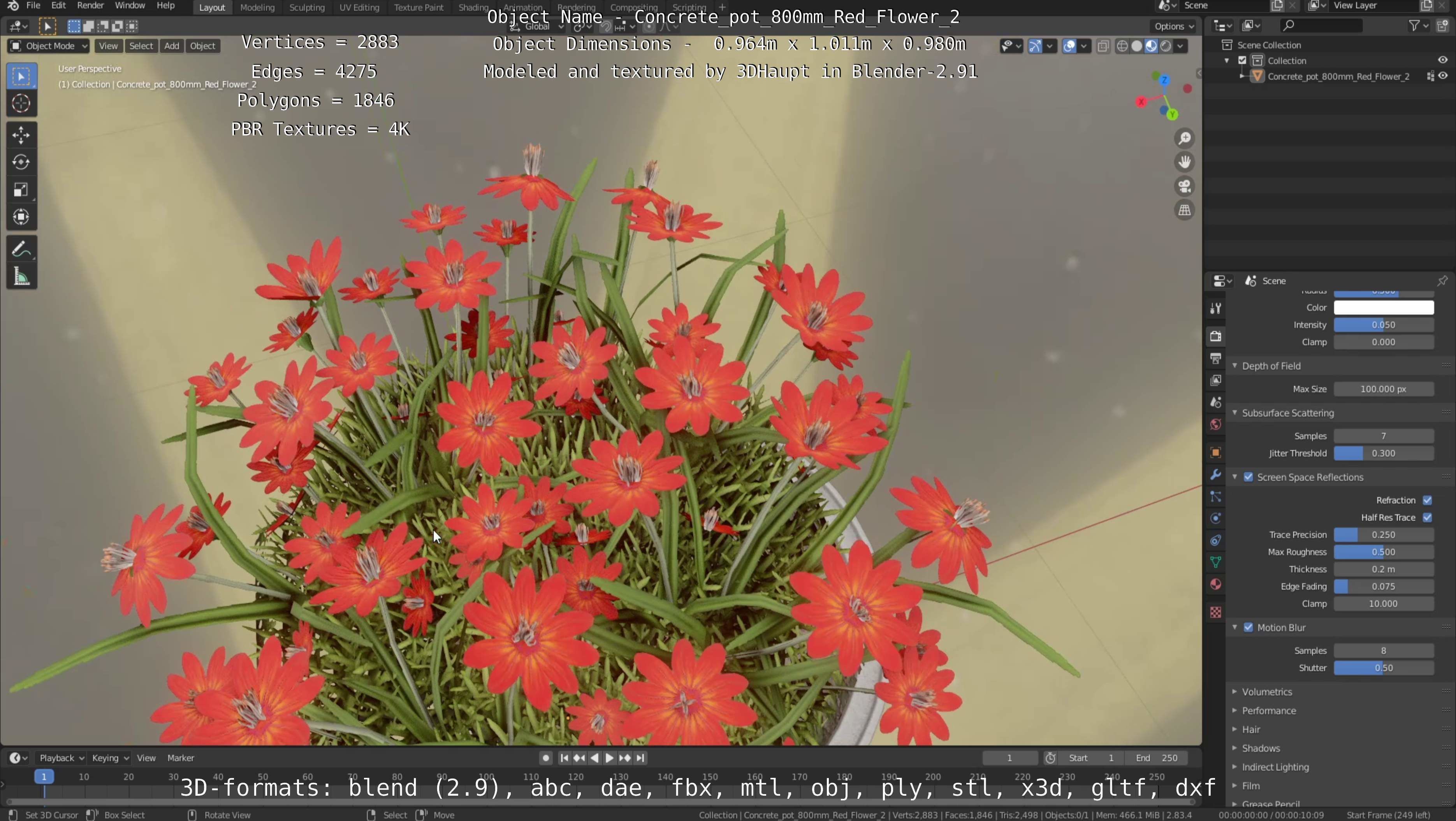 Concrete Pot 800mm with Red Flowers Version 2 Low-poly 3D model_69