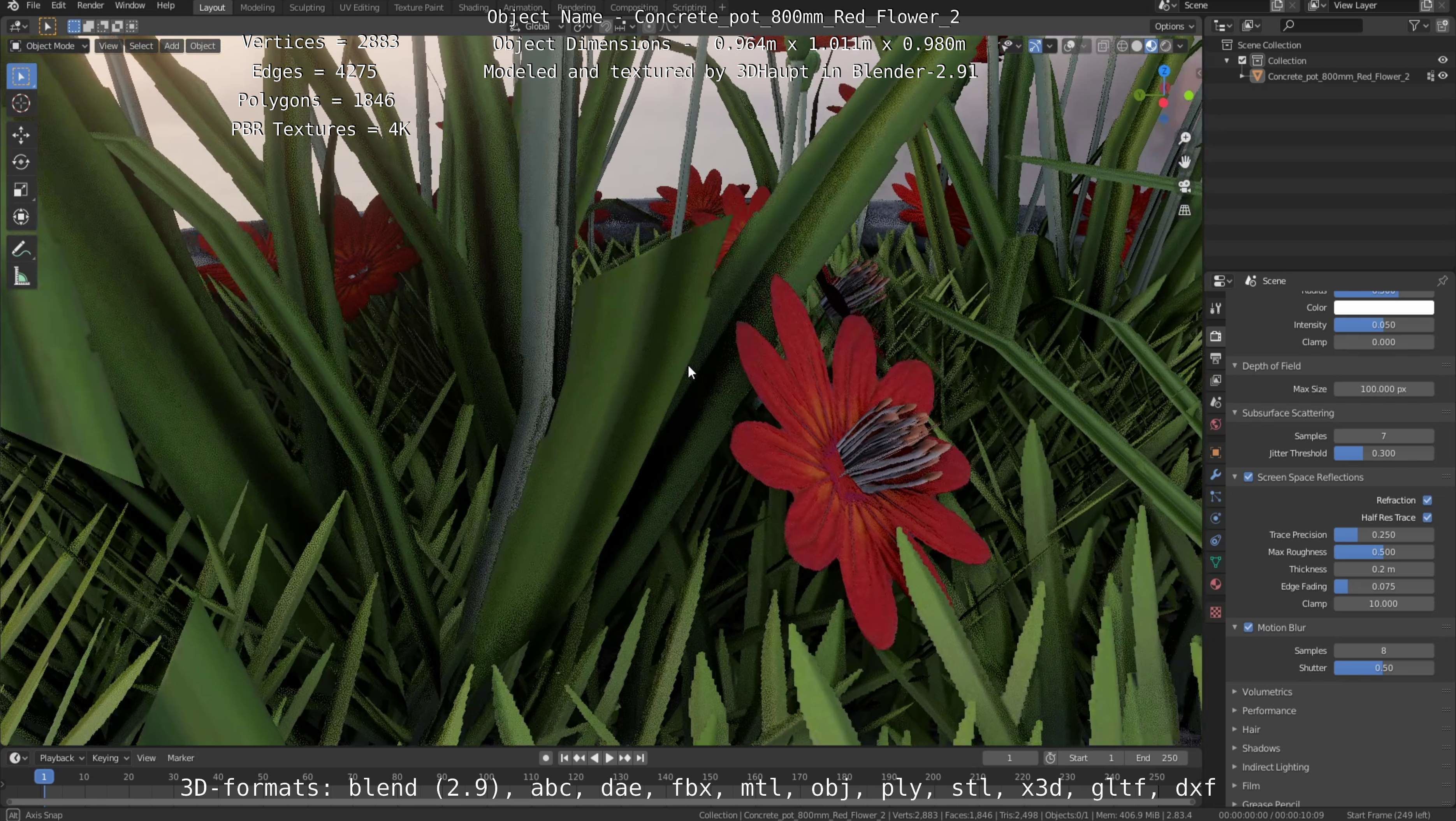 Concrete Pot 800mm with Red Flowers Version 2 Low-poly 3D model_51