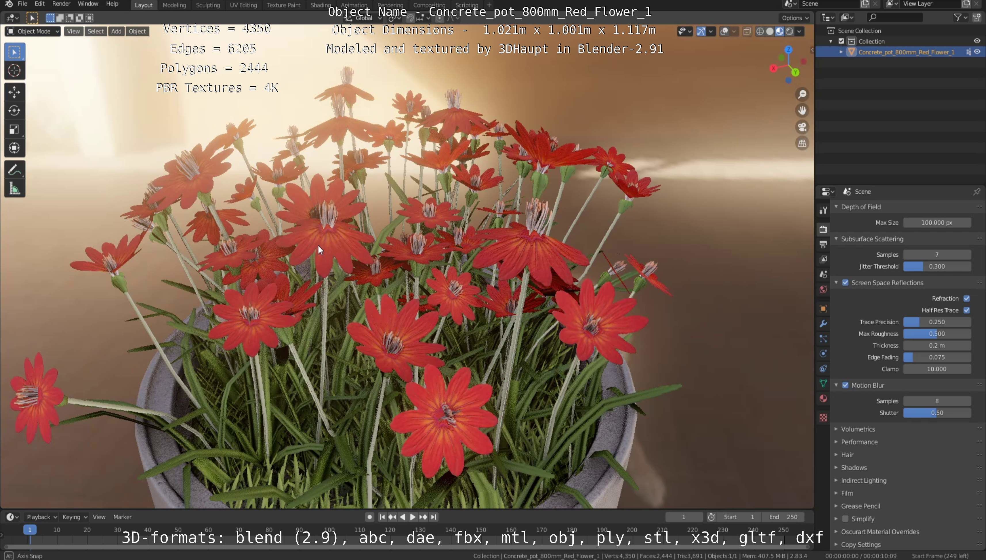 Concrete Pot 800mm with Red Flowers Version 1 Low-poly 3D model_77