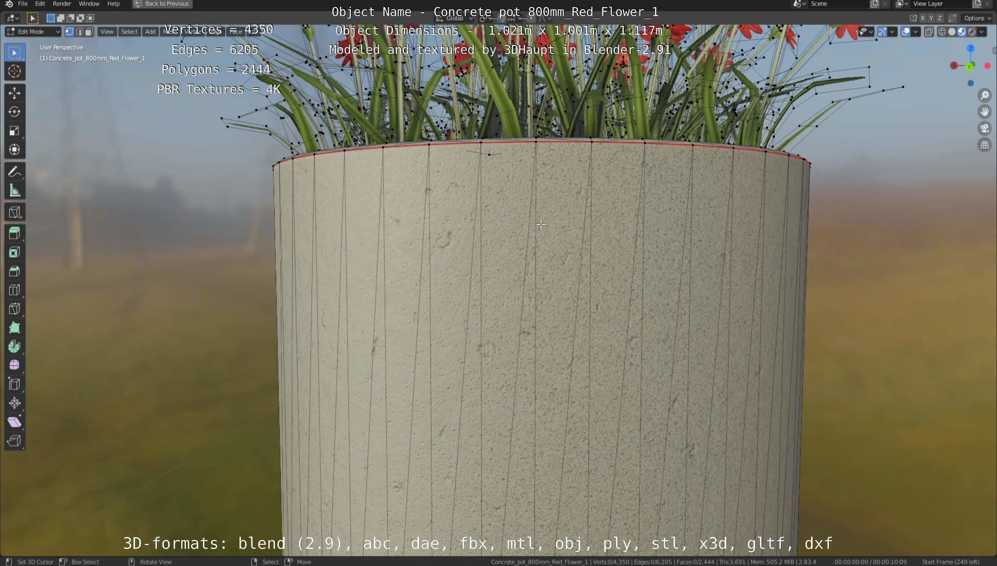 Concrete Pot 800mm with Red Flowers Version 1 Low-poly 3D model_114