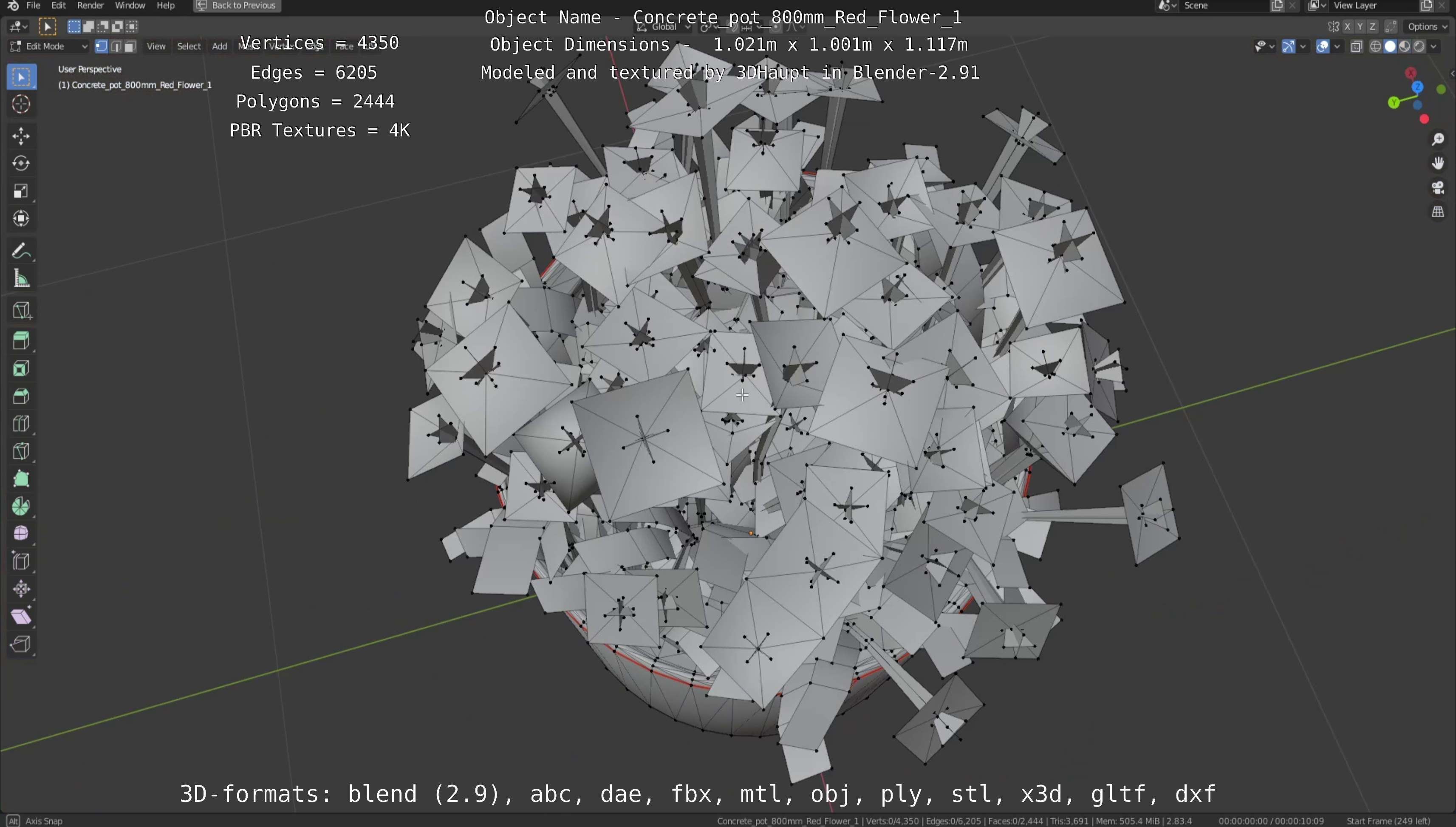 Concrete Pot 800mm with Red Flowers Version 1 Low-poly 3D model_121