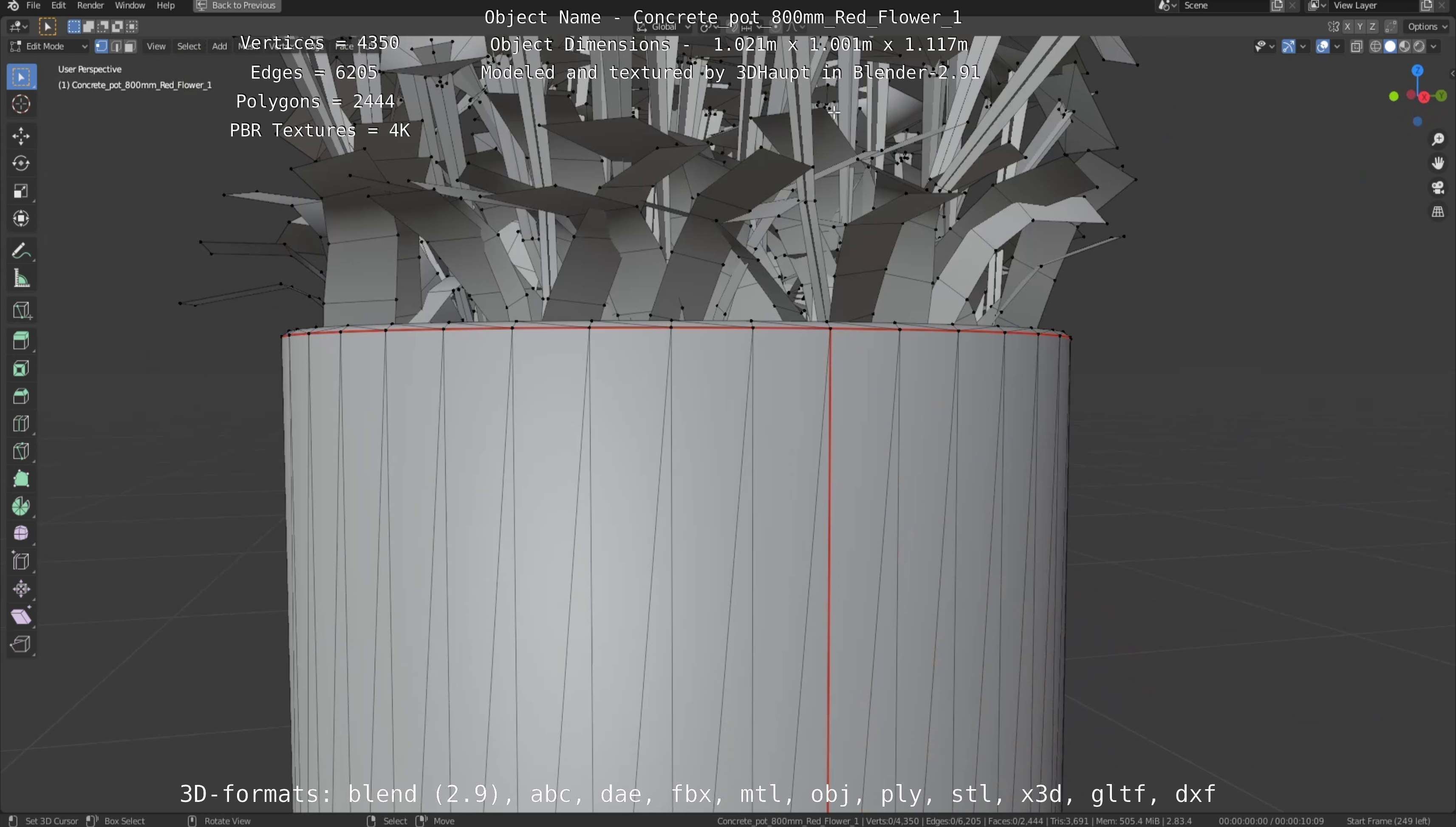 Concrete Pot 800mm with Red Flowers Version 1 Low-poly 3D model_40