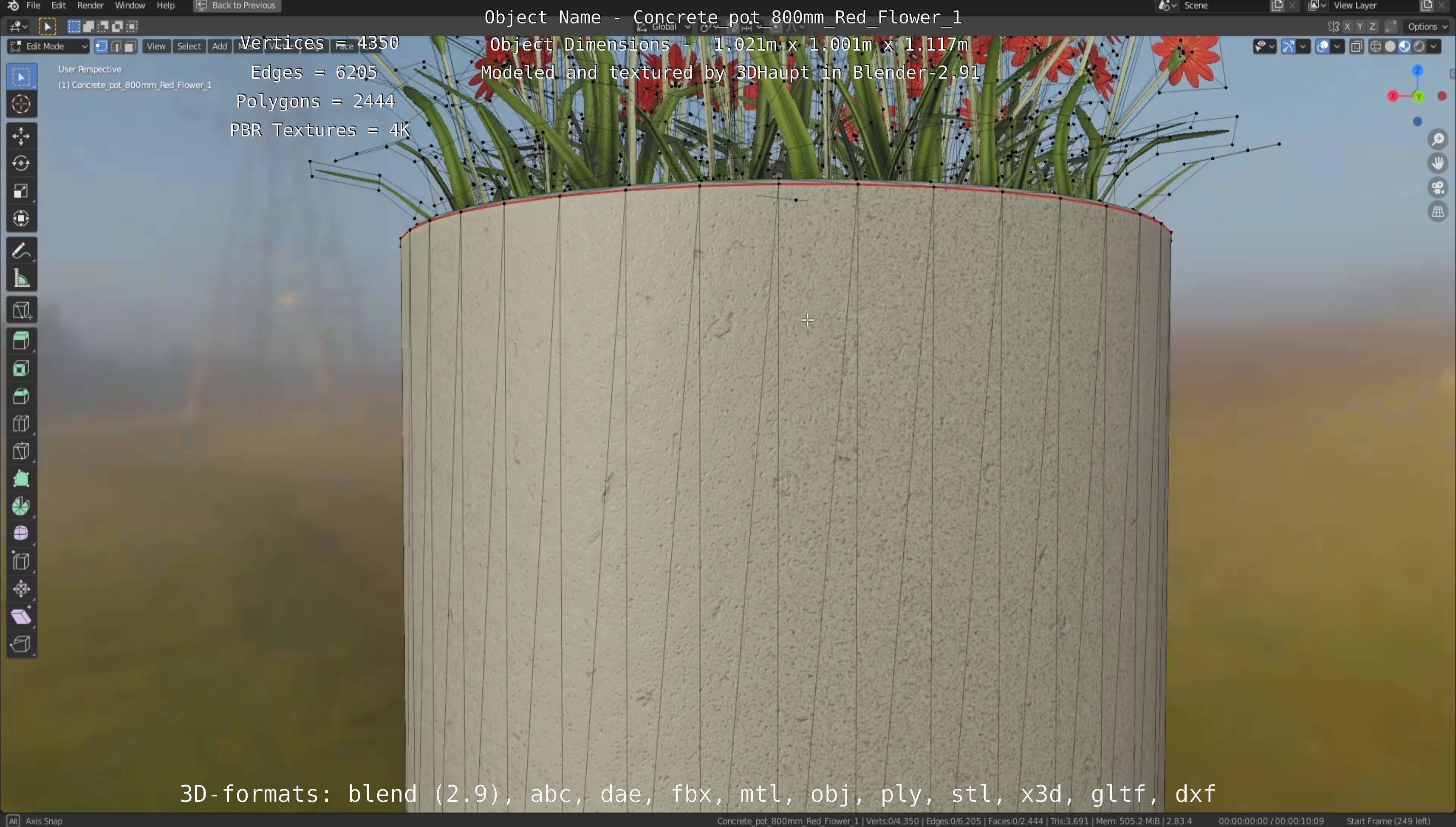 Concrete Pot 800mm with Red Flowers Version 1 Low-poly 3D model_115