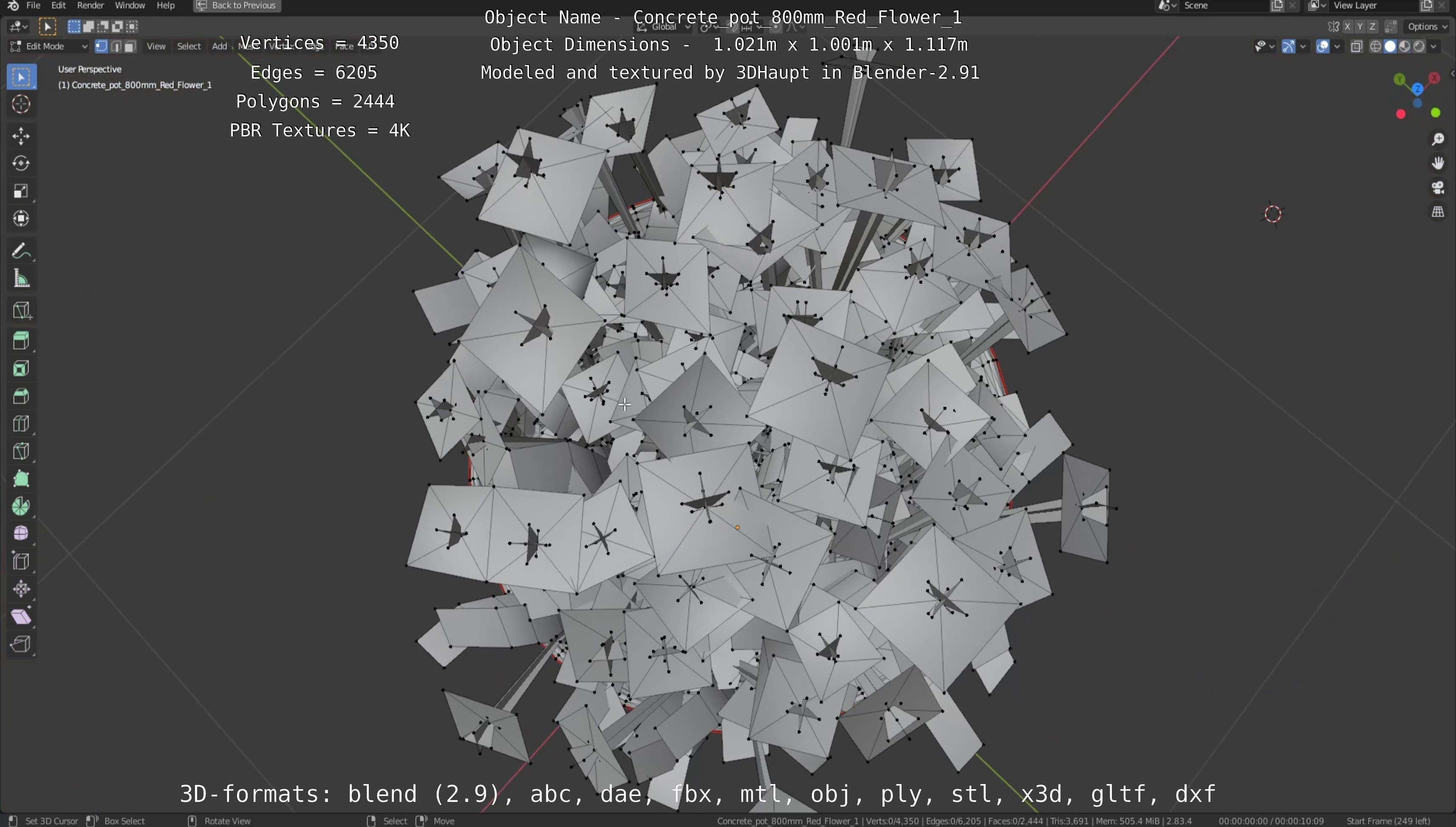 Concrete Pot 800mm with Red Flowers Version 1 Low-poly 3D model_122