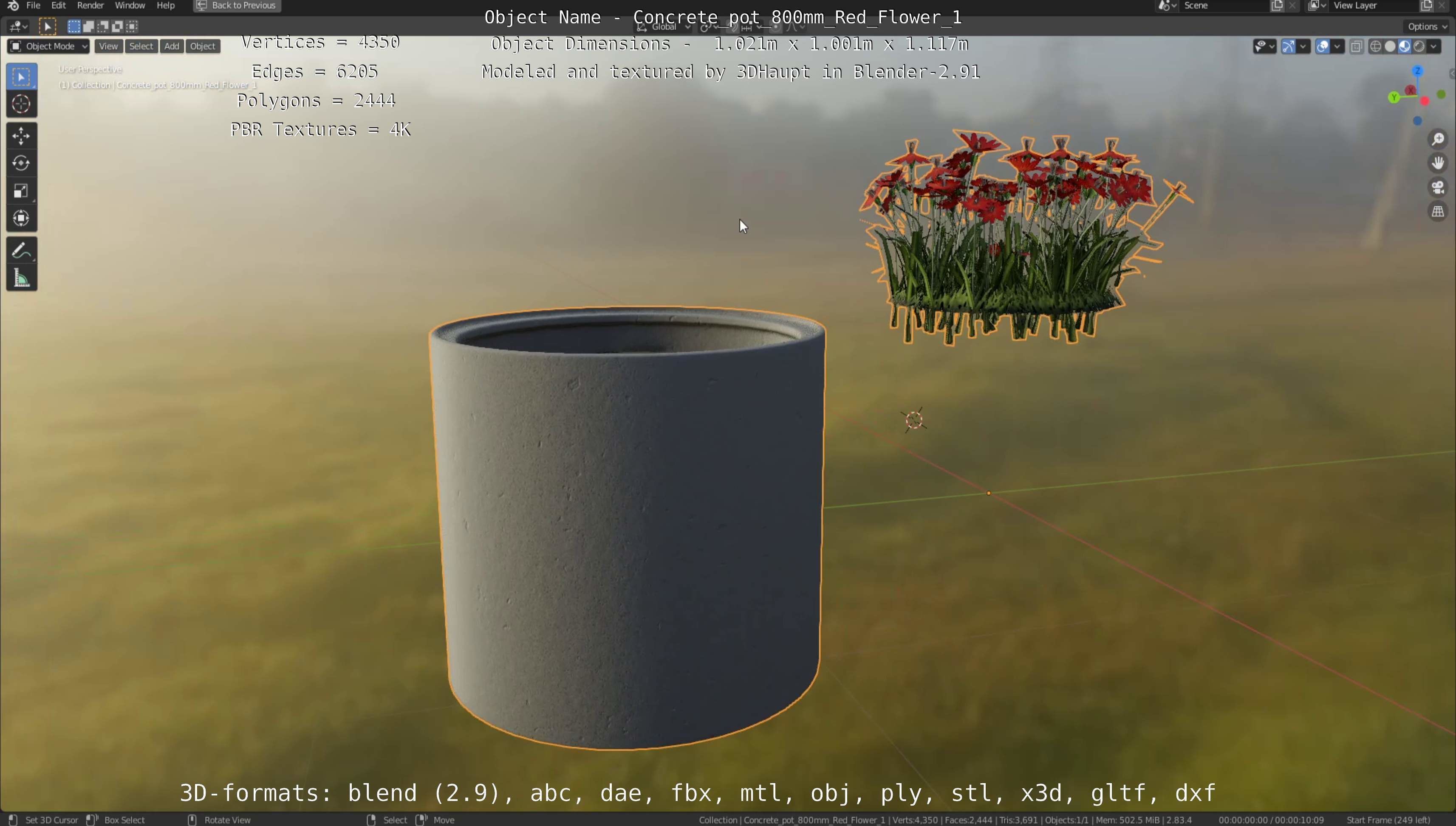 Concrete Pot 800mm with Red Flowers Version 1 Low-poly 3D model_58
