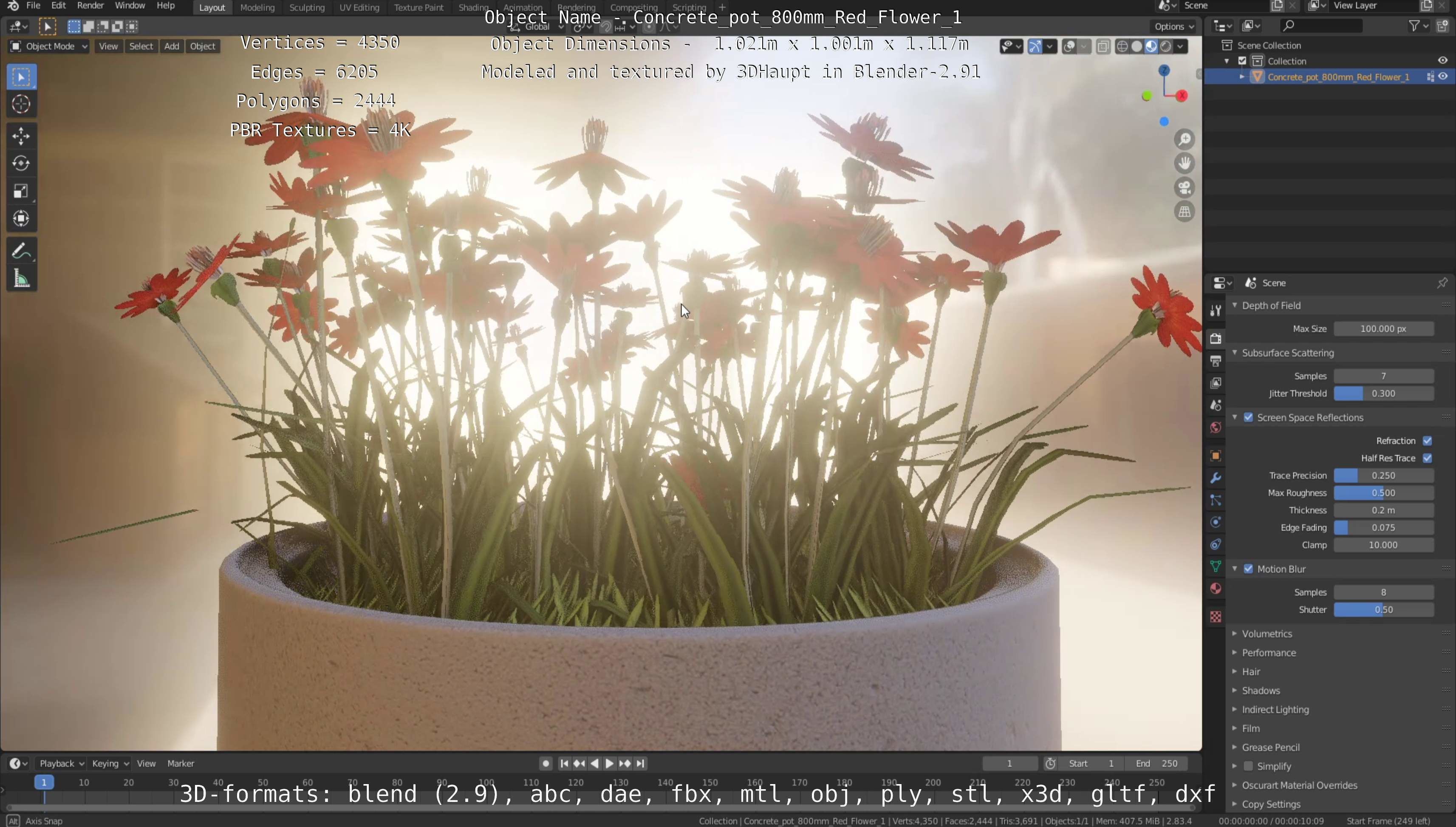 Concrete Pot 800mm with Red Flowers Version 1 Low-poly 3D model_73