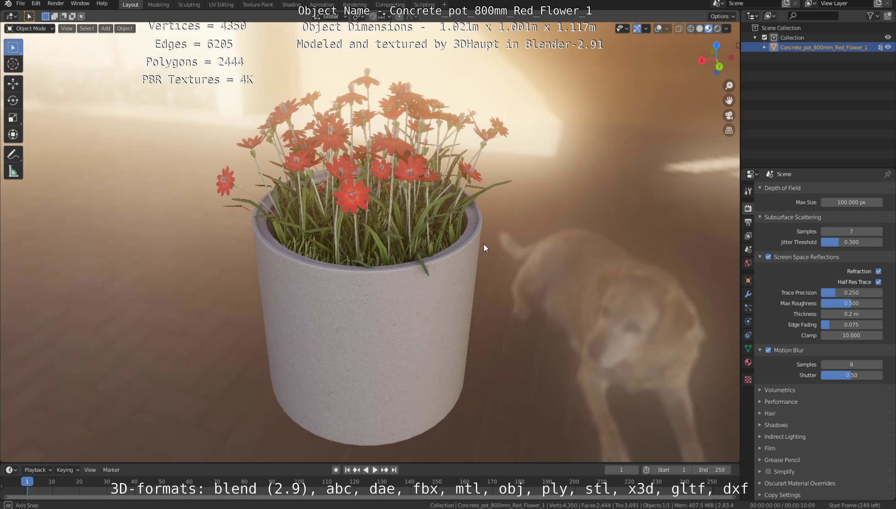 Concrete Pot 800mm with Red Flowers Version 1 Low-poly 3D model_67