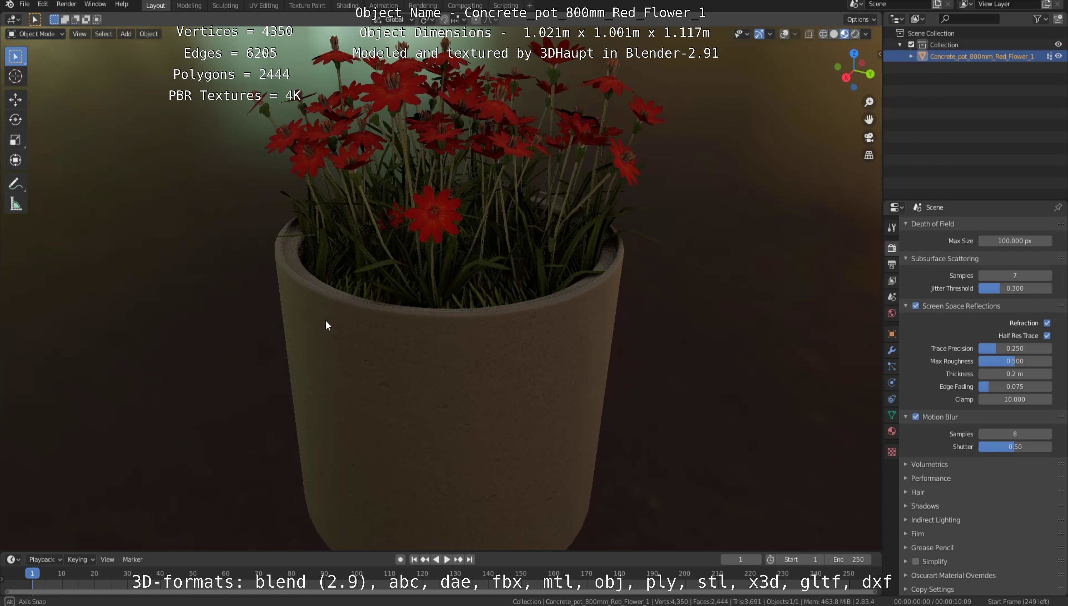 Concrete Pot 800mm with Red Flowers Version 1 Low-poly 3D model_91
