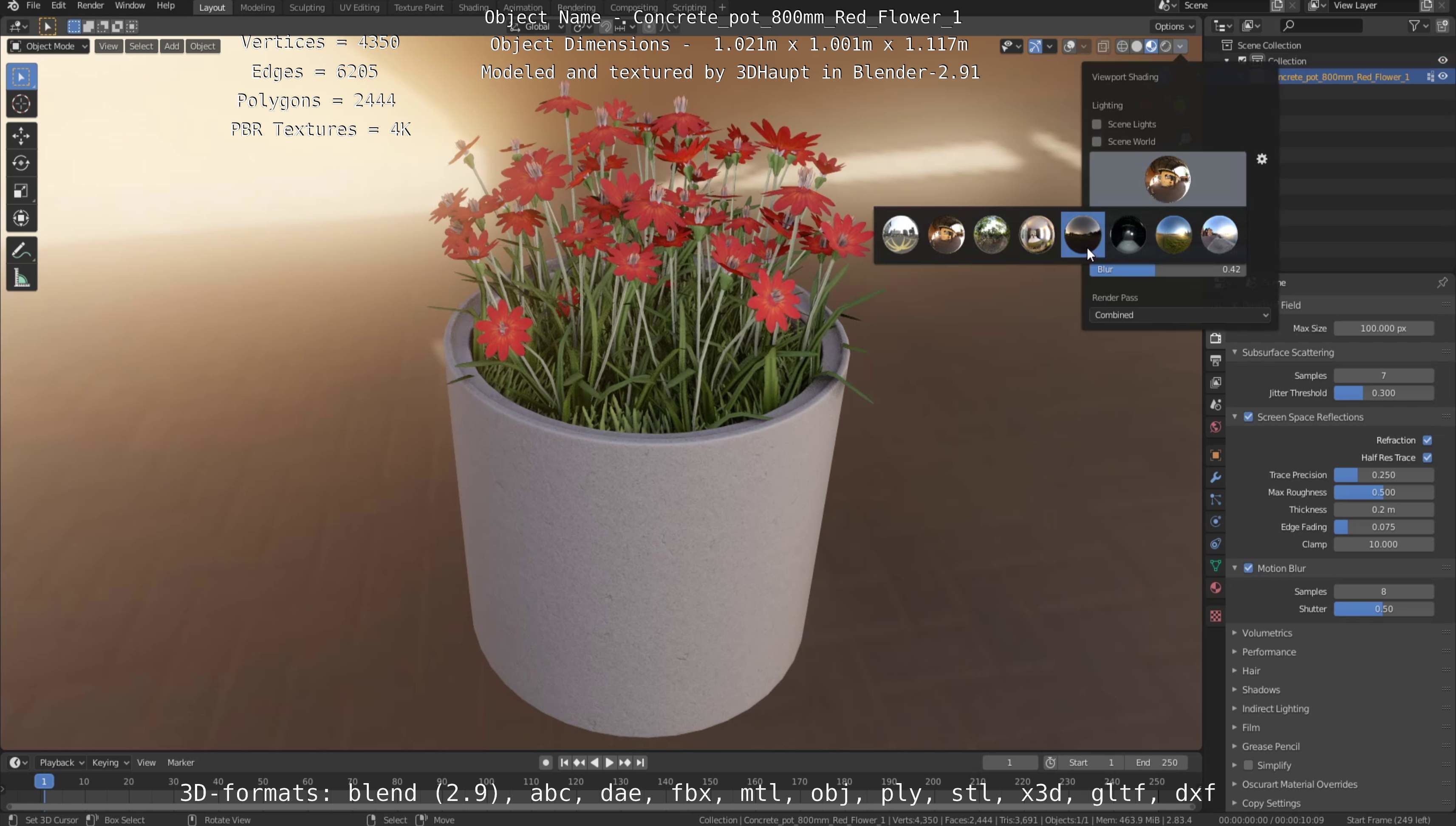 Concrete Pot 800mm with Red Flowers Version 1 Low-poly 3D model_35