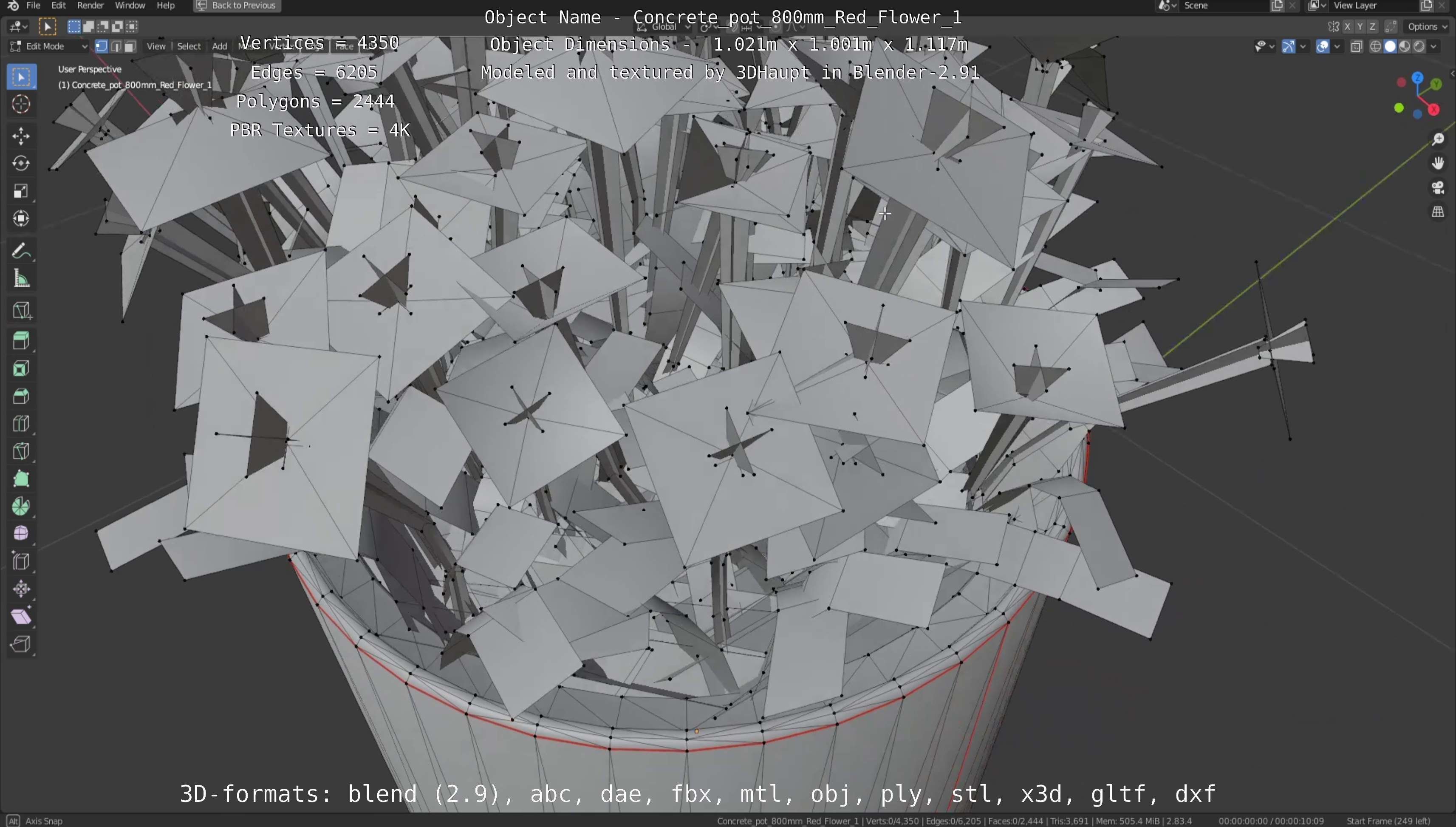 Concrete Pot 800mm with Red Flowers Version 1 Low-poly 3D model_39