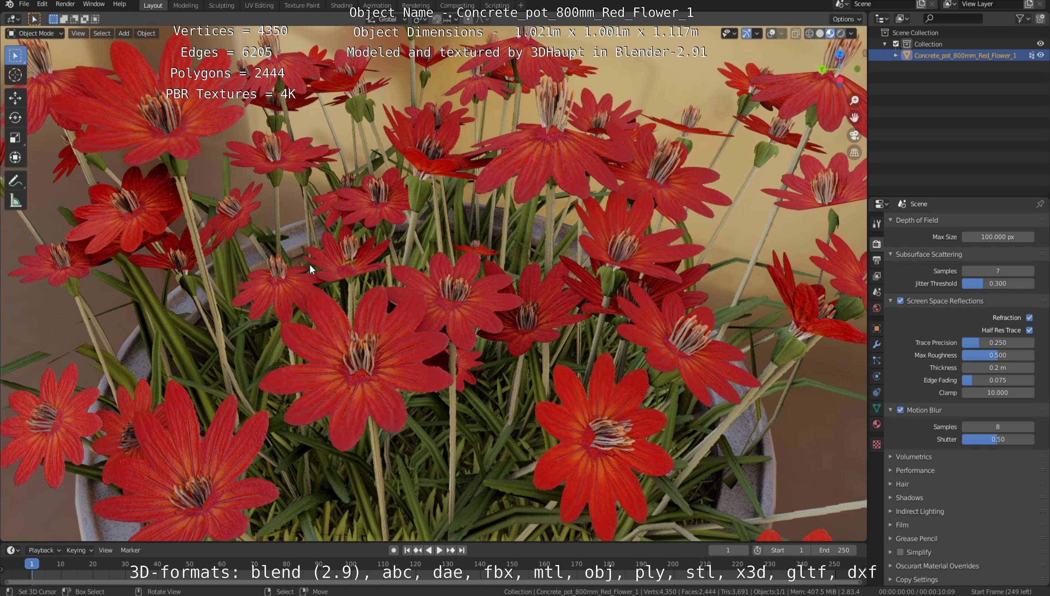 Concrete Pot 800mm with Red Flowers Version 1 Low-poly 3D model_79