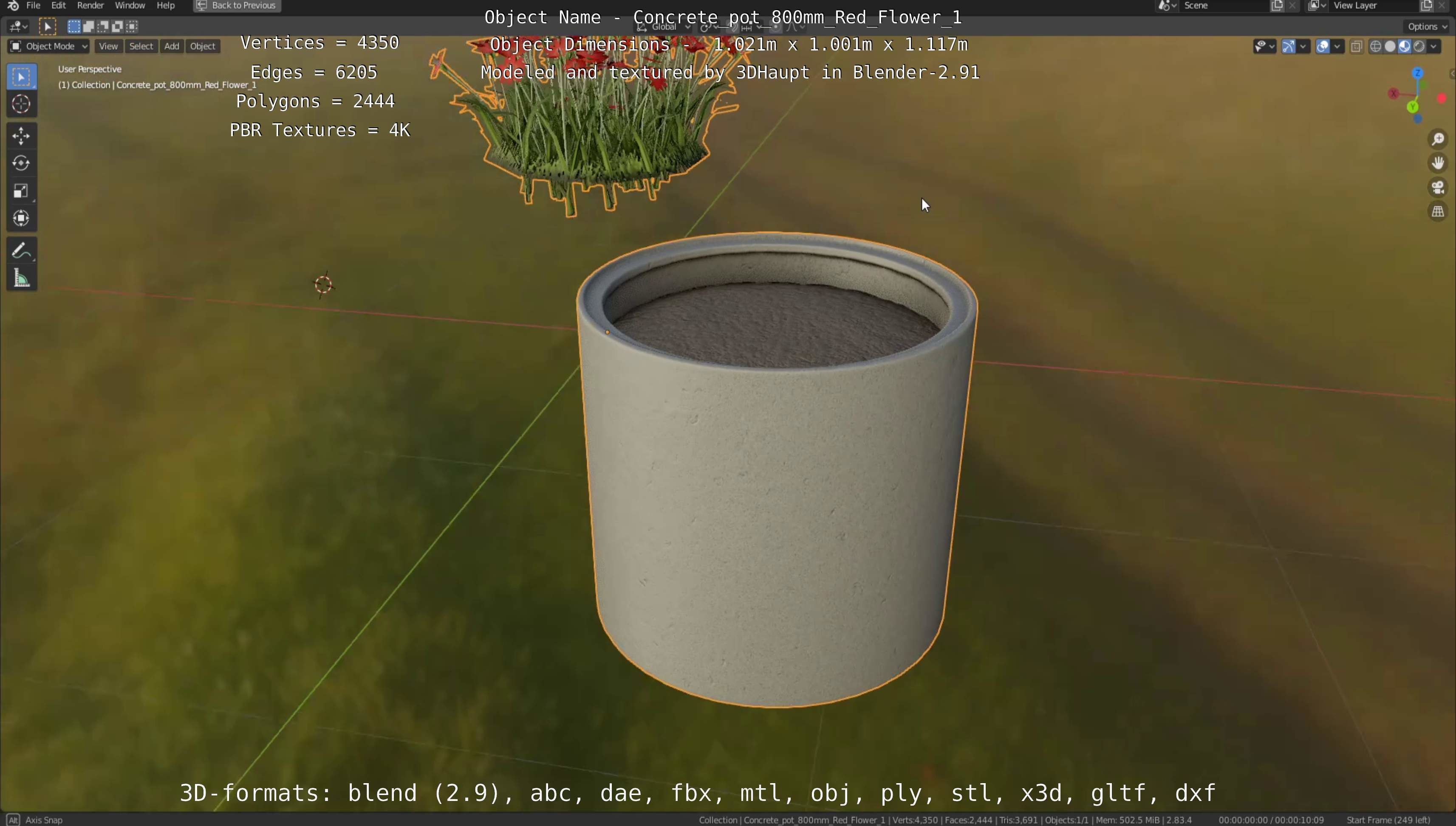 Concrete Pot 800mm with Red Flowers Version 1 Low-poly 3D model_25