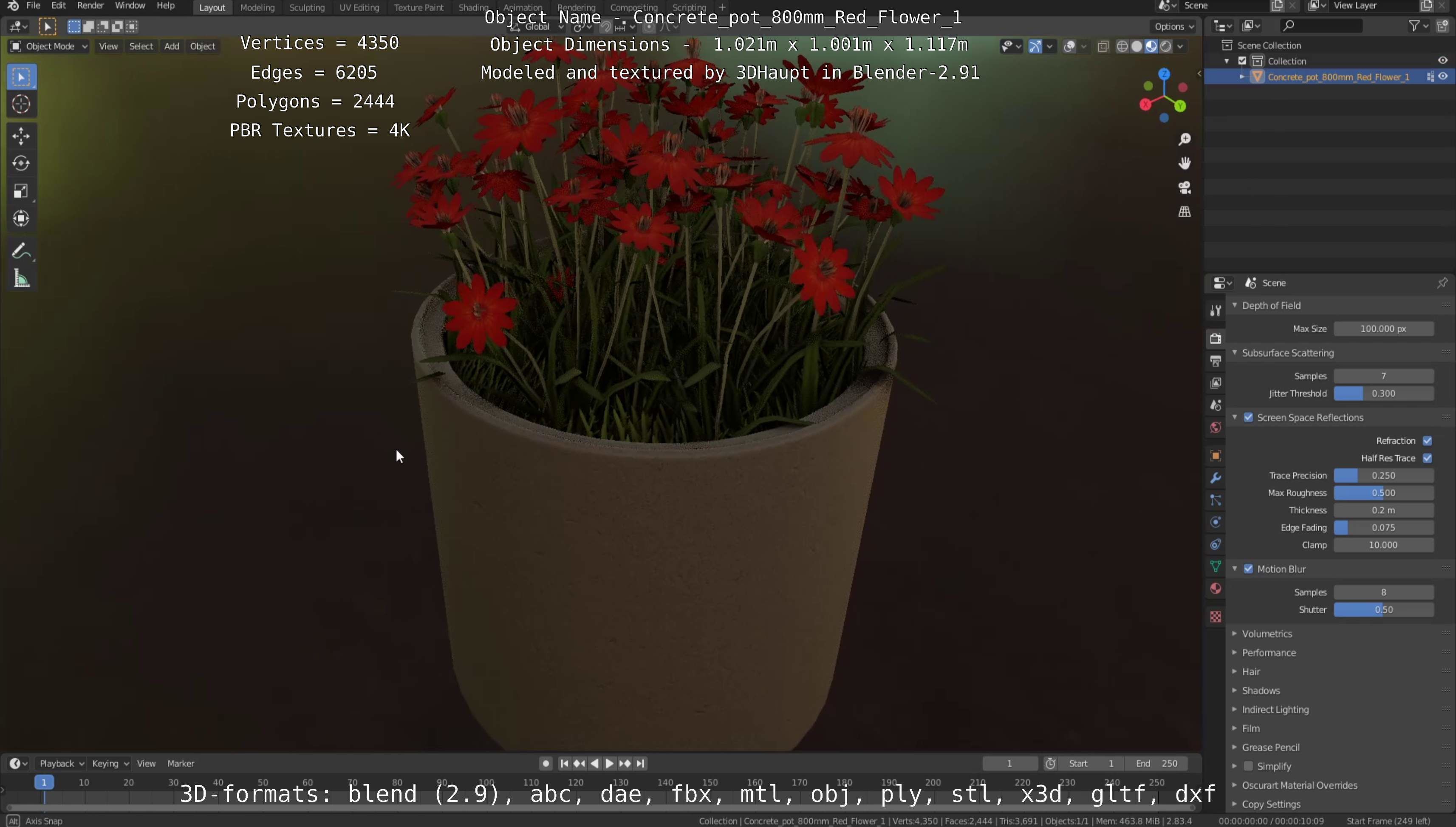 Concrete Pot 800mm with Red Flowers Version 1 Low-poly 3D model_90