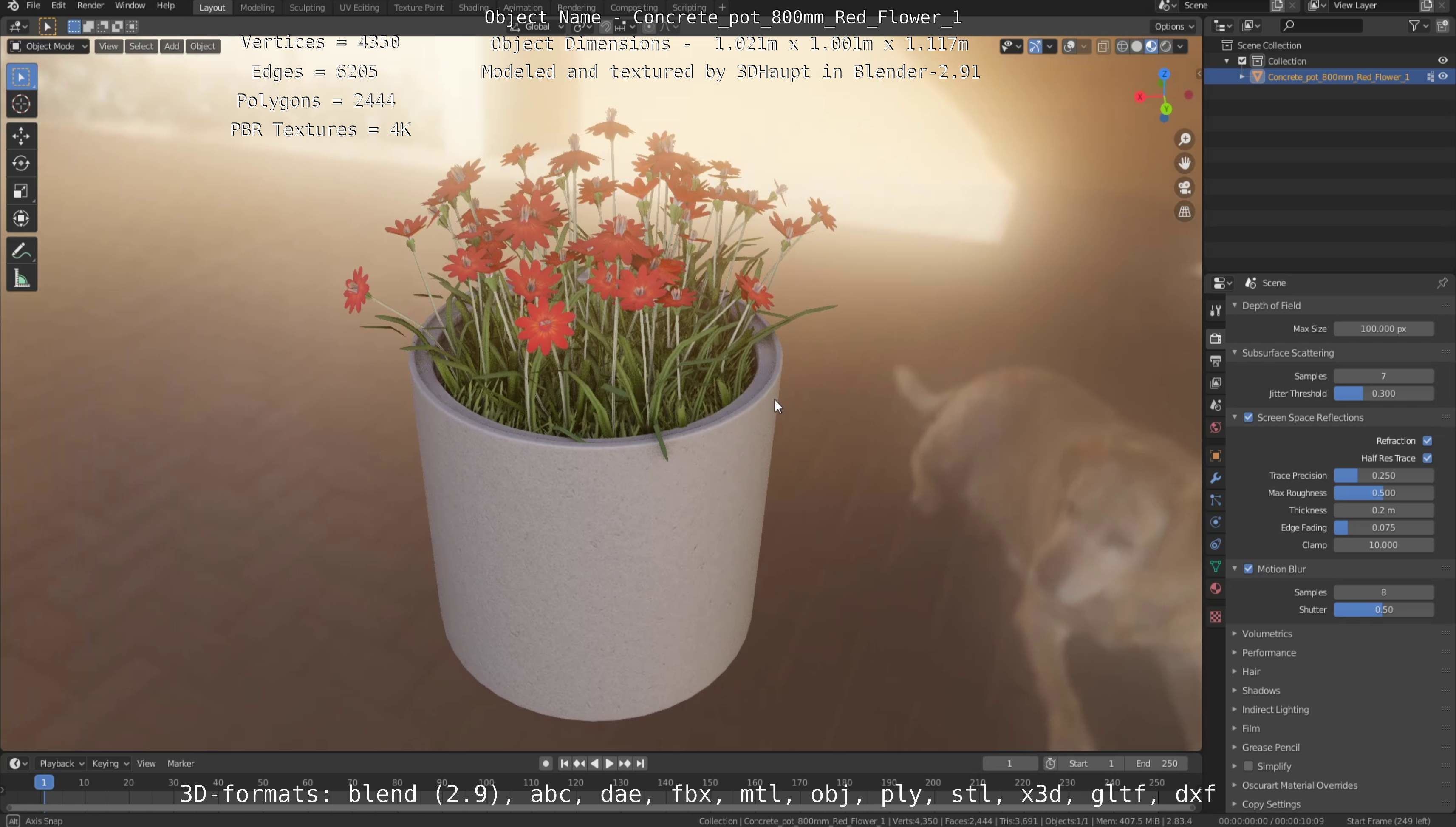 Concrete Pot 800mm with Red Flowers Version 1 Low-poly 3D model_68