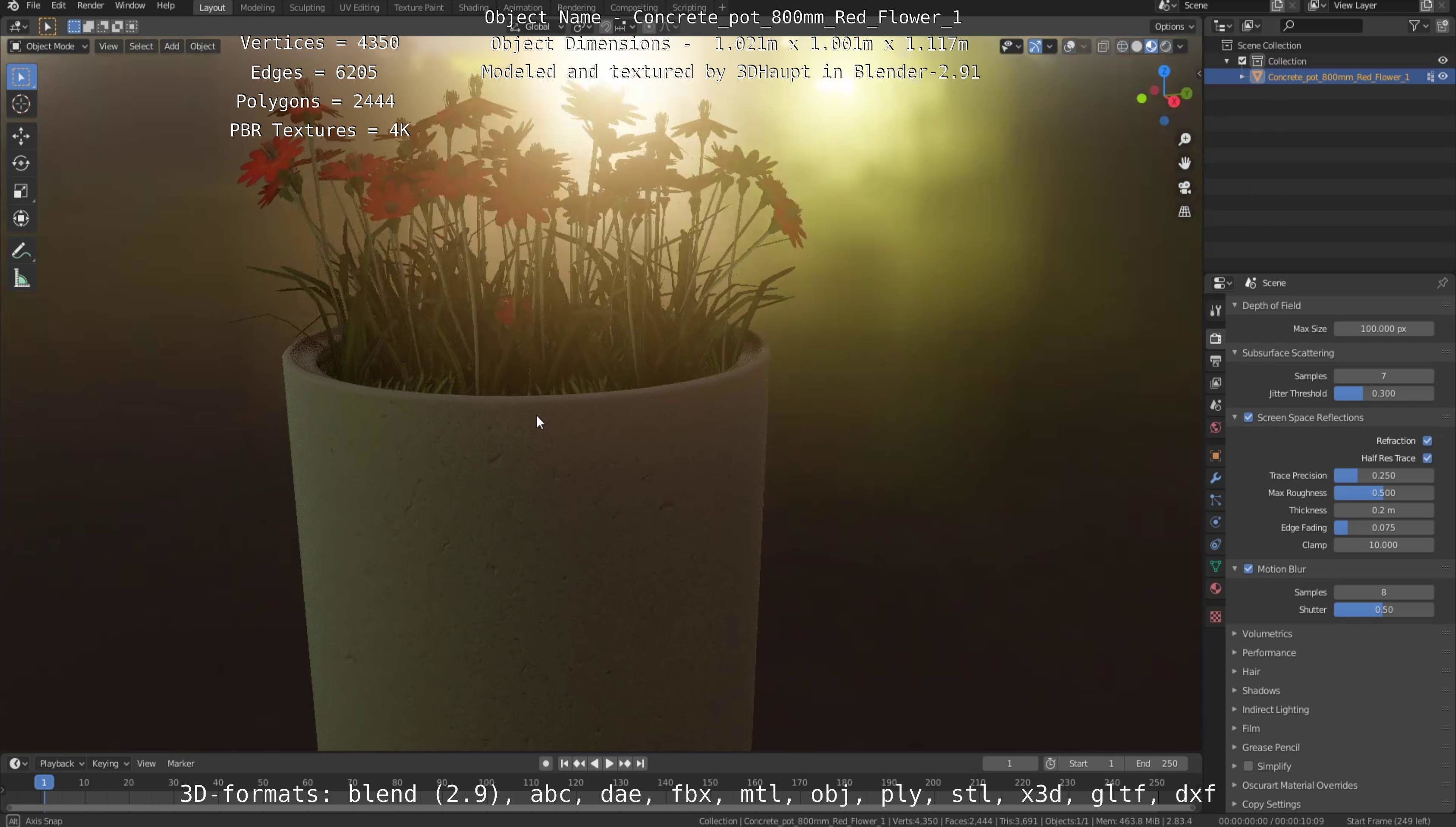 Concrete Pot 800mm with Red Flowers Version 1 Low-poly 3D model_37