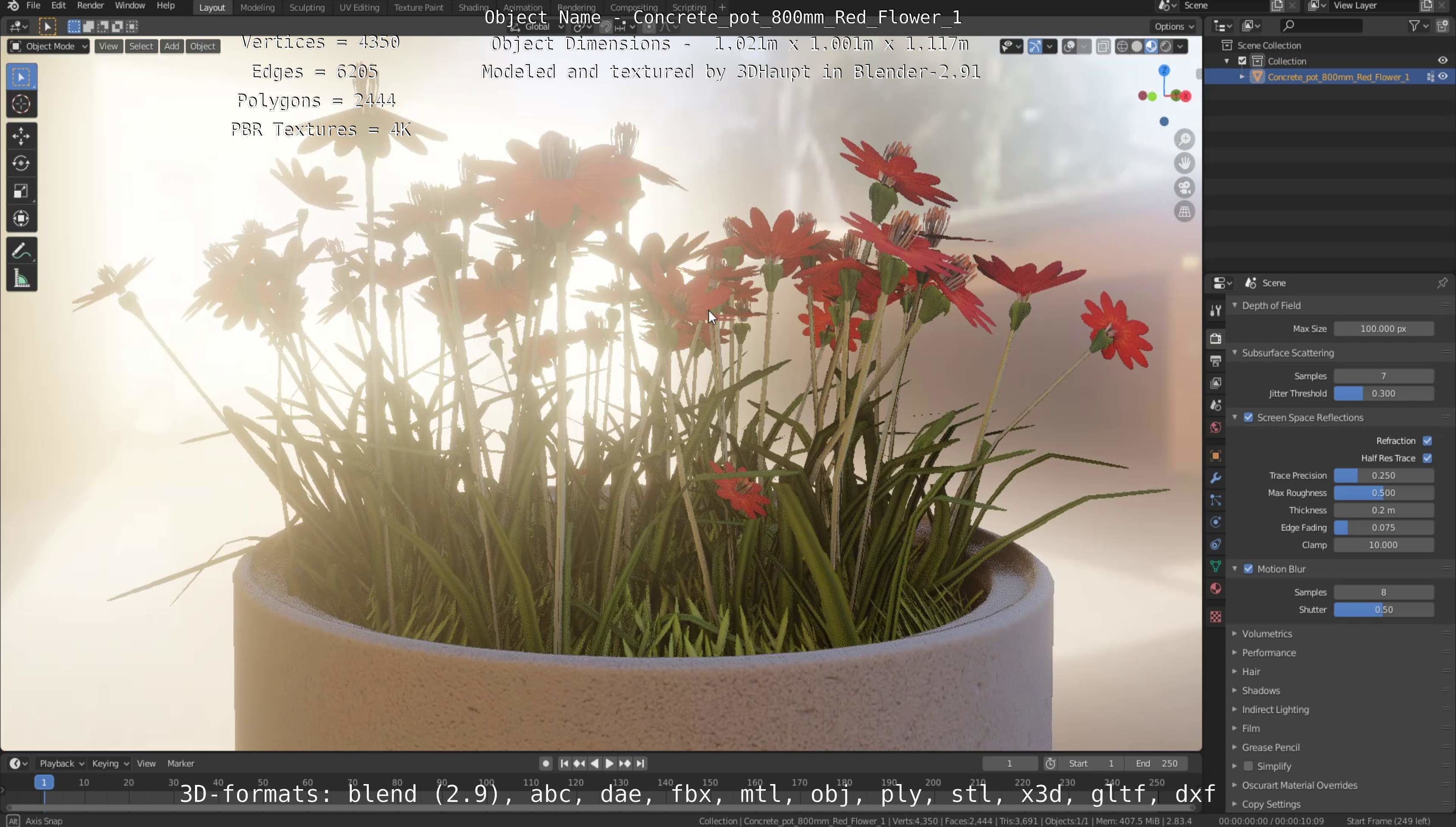Concrete Pot 800mm with Red Flowers Version 1 Low-poly 3D model_72