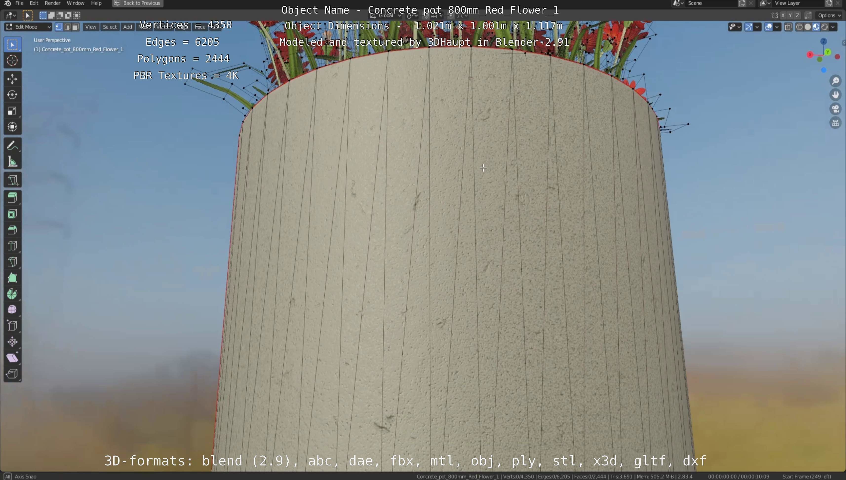 Concrete Pot 800mm with Red Flowers Version 1 Low-poly 3D model_116