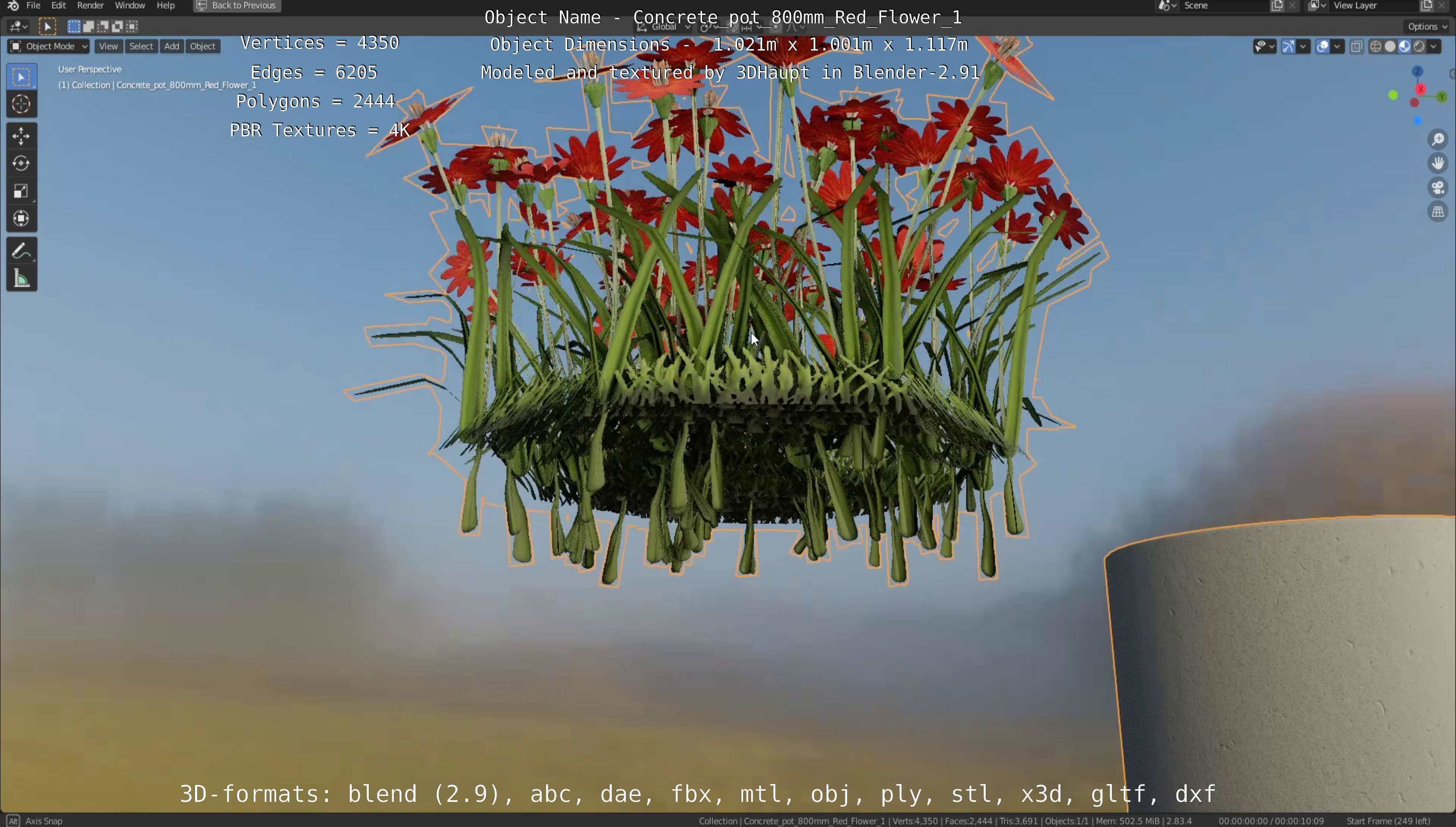 Concrete Pot 800mm with Red Flowers Version 1 Low-poly 3D model_47