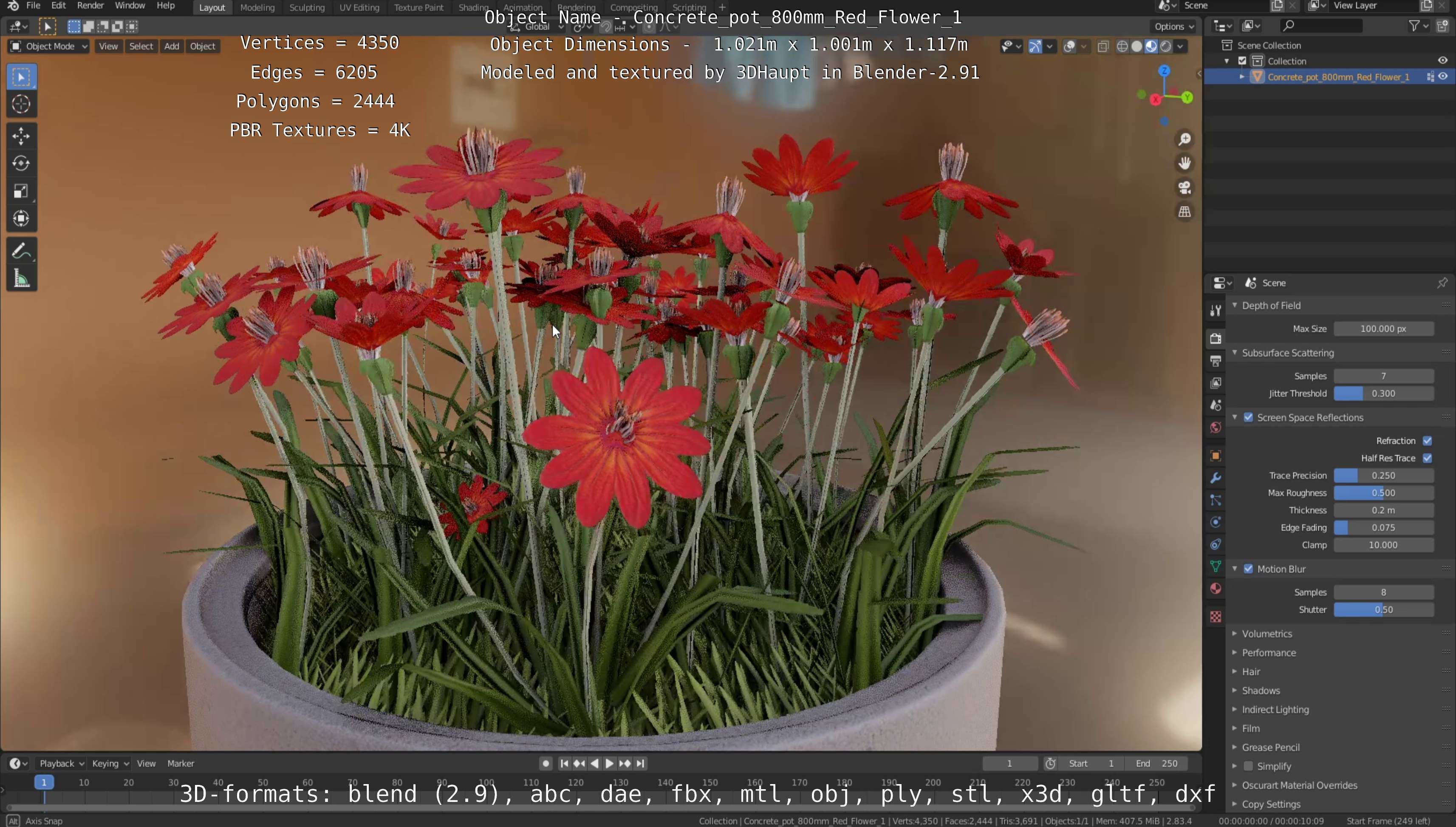 Concrete Pot 800mm with Red Flowers Version 1 Low-poly 3D model_75