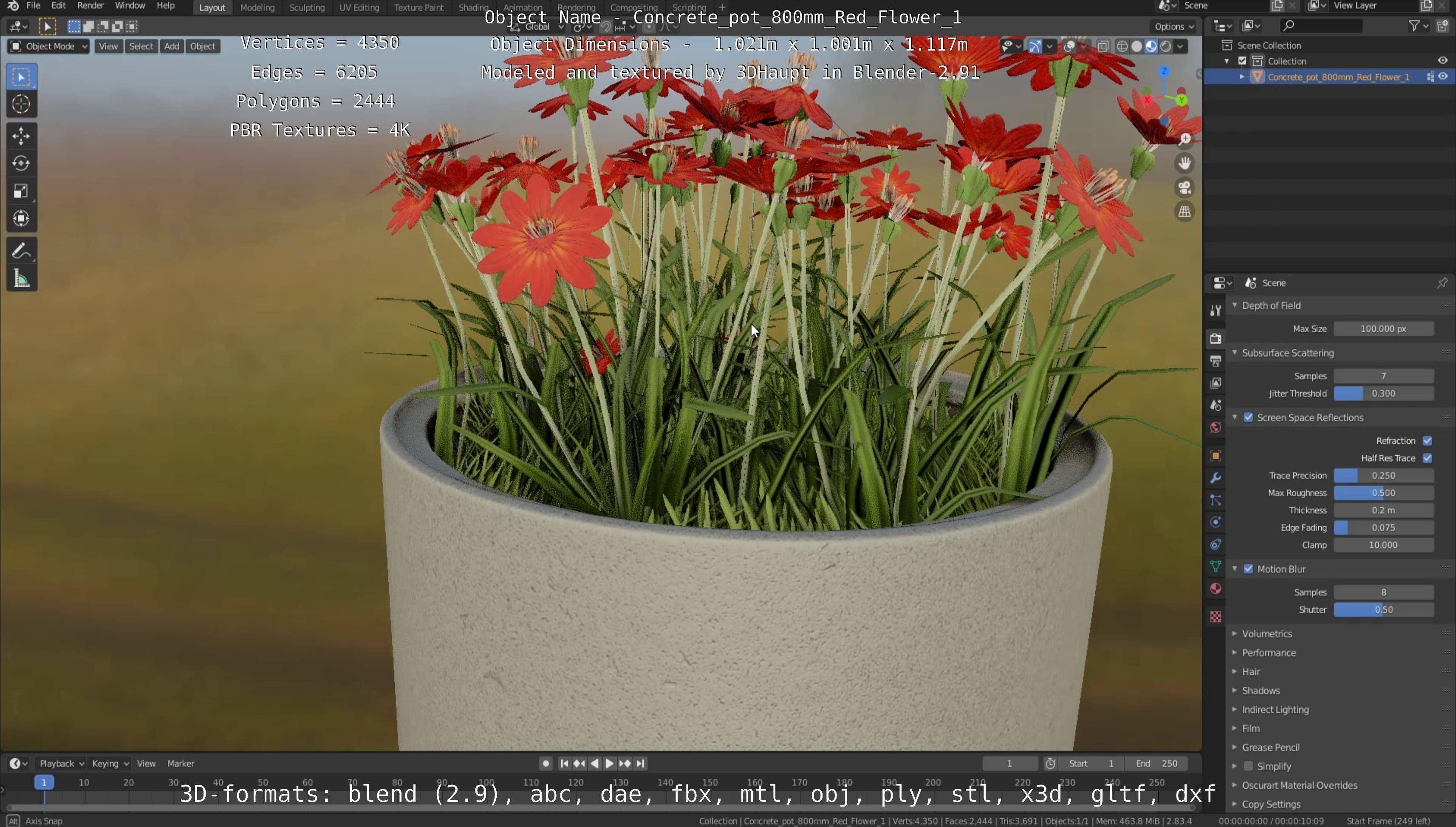 Concrete Pot 800mm with Red Flowers Version 1 Low-poly 3D model_7