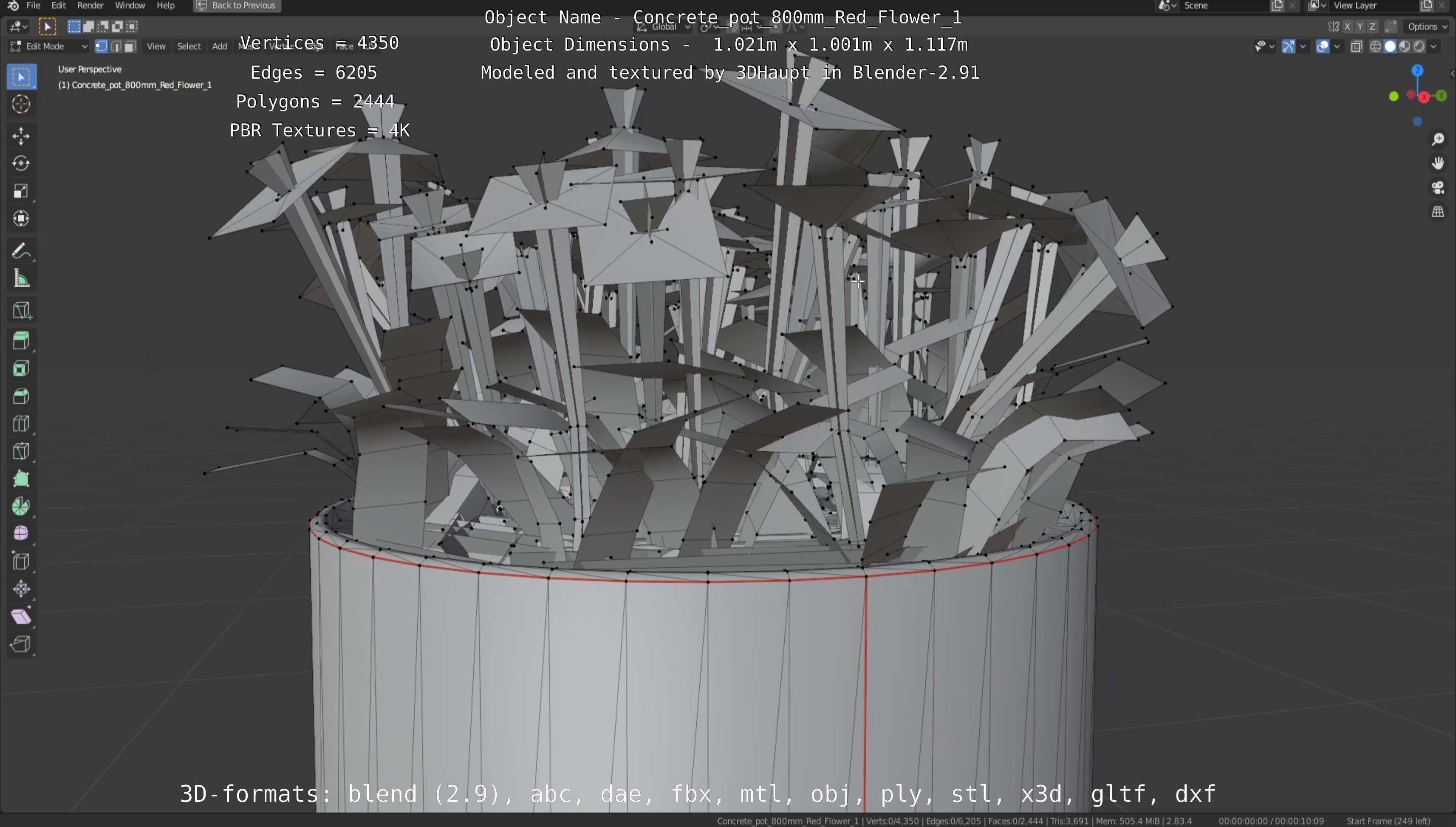 Concrete Pot 800mm with Red Flowers Version 1 Low-poly 3D model_41