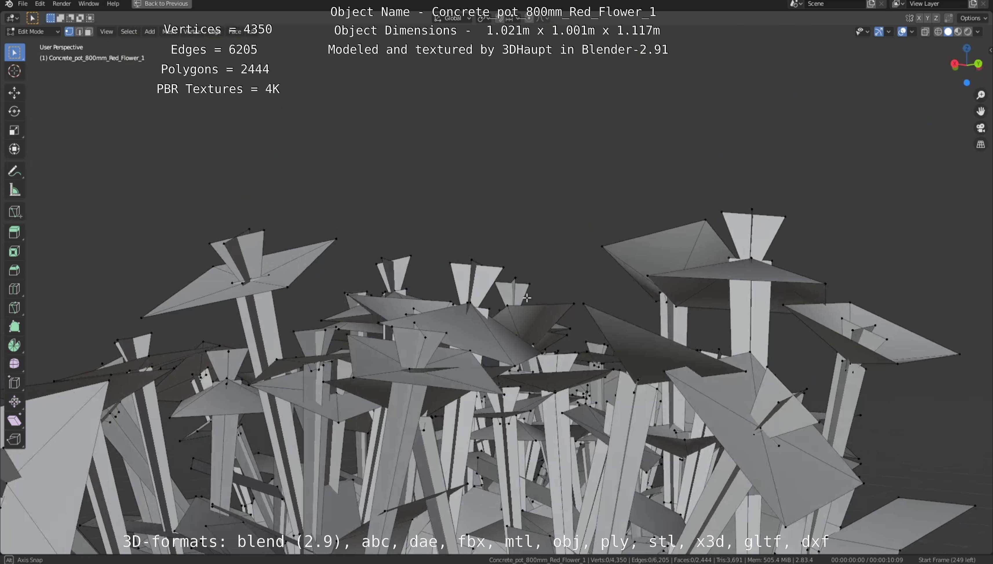 Concrete Pot 800mm with Red Flowers Version 1 Low-poly 3D model_16