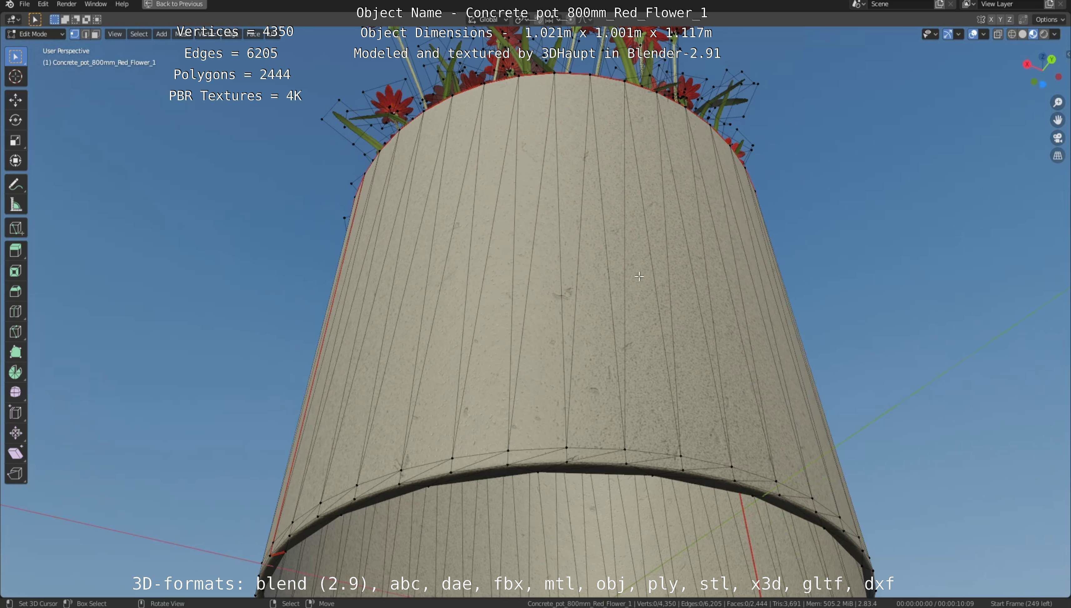 Concrete Pot 800mm with Red Flowers Version 1 Low-poly 3D model_117