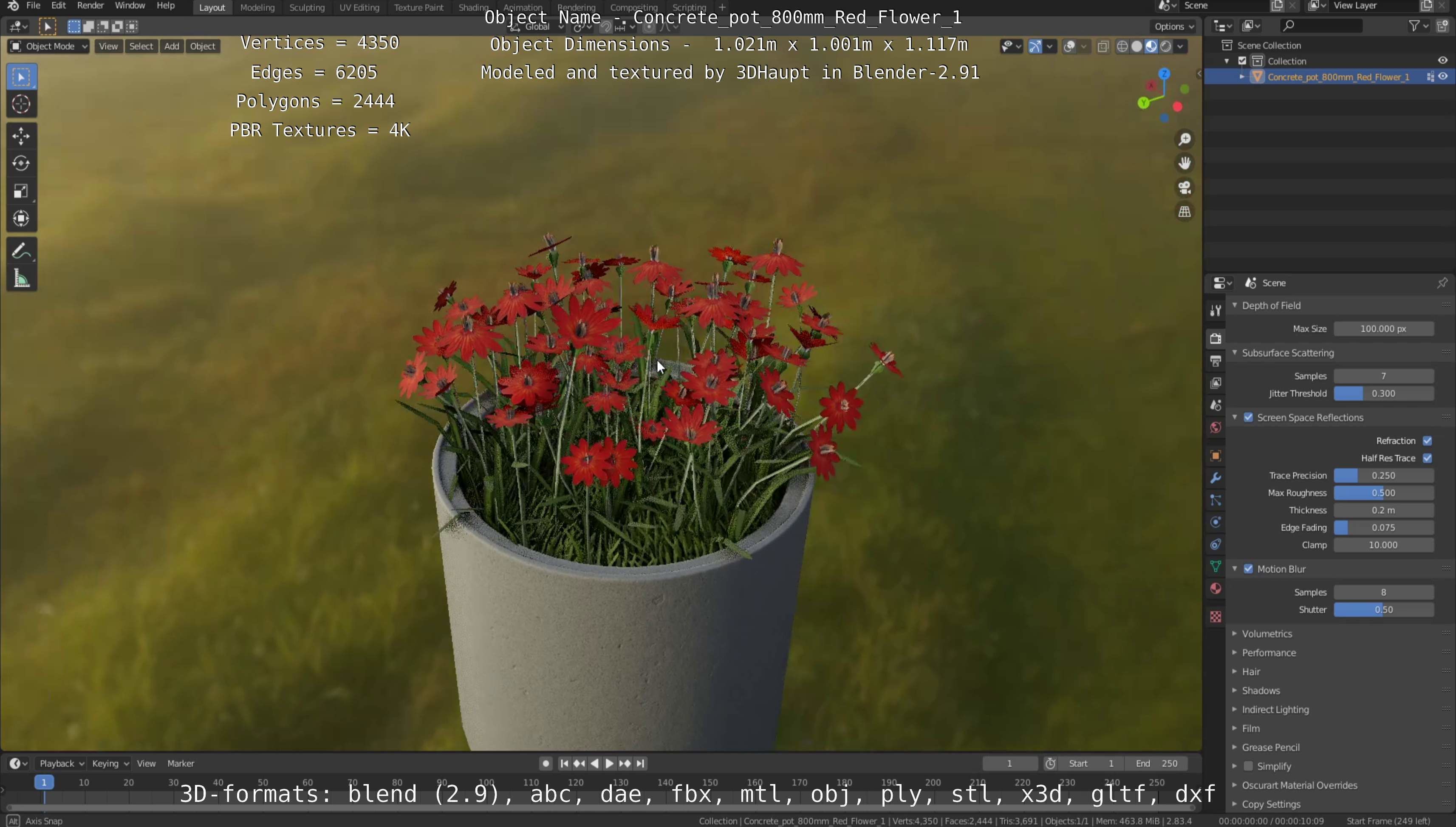 Concrete Pot 800mm with Red Flowers Version 1 Low-poly 3D model_102