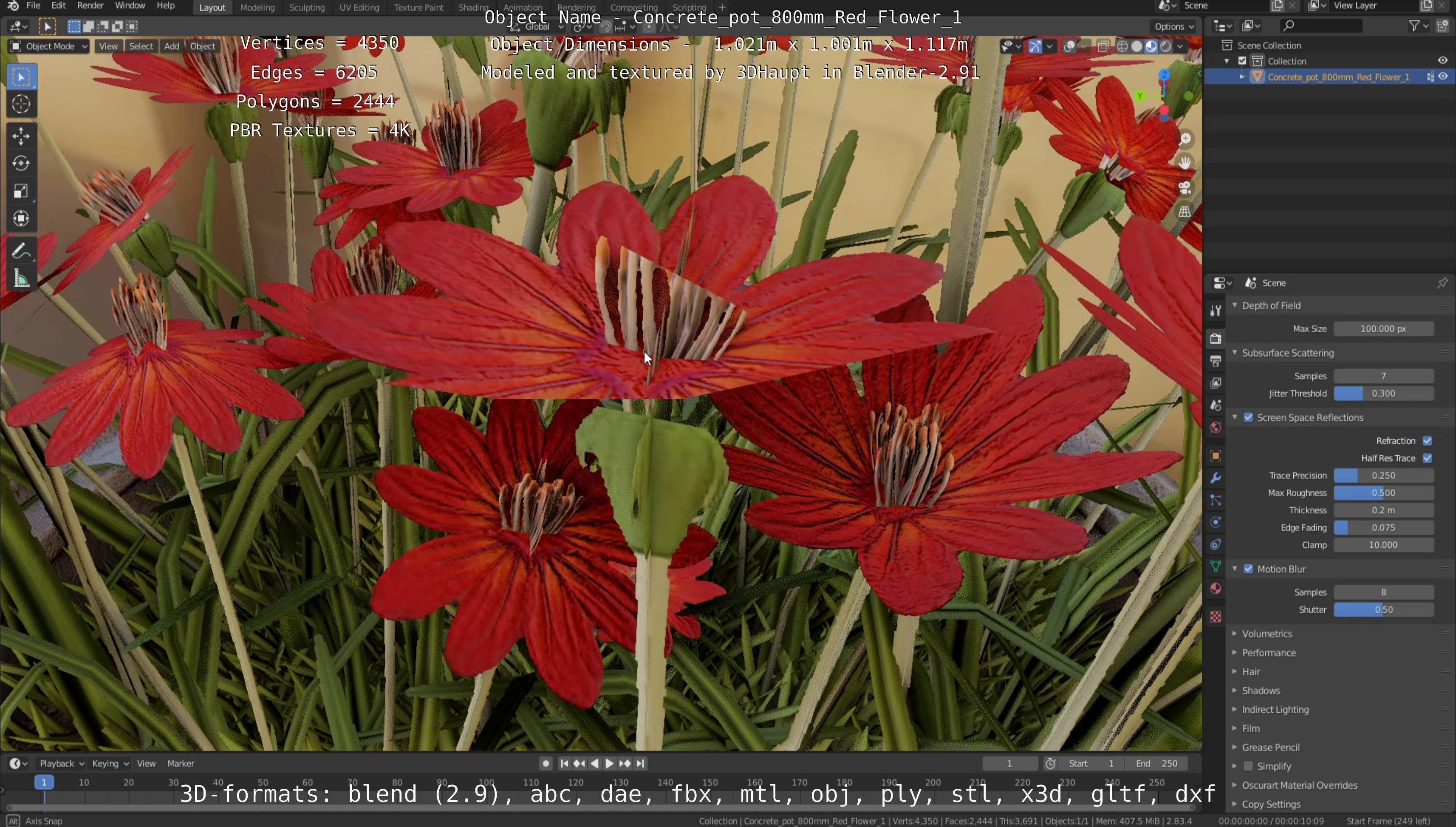 Concrete Pot 800mm with Red Flowers Version 1 Low-poly 3D model_81