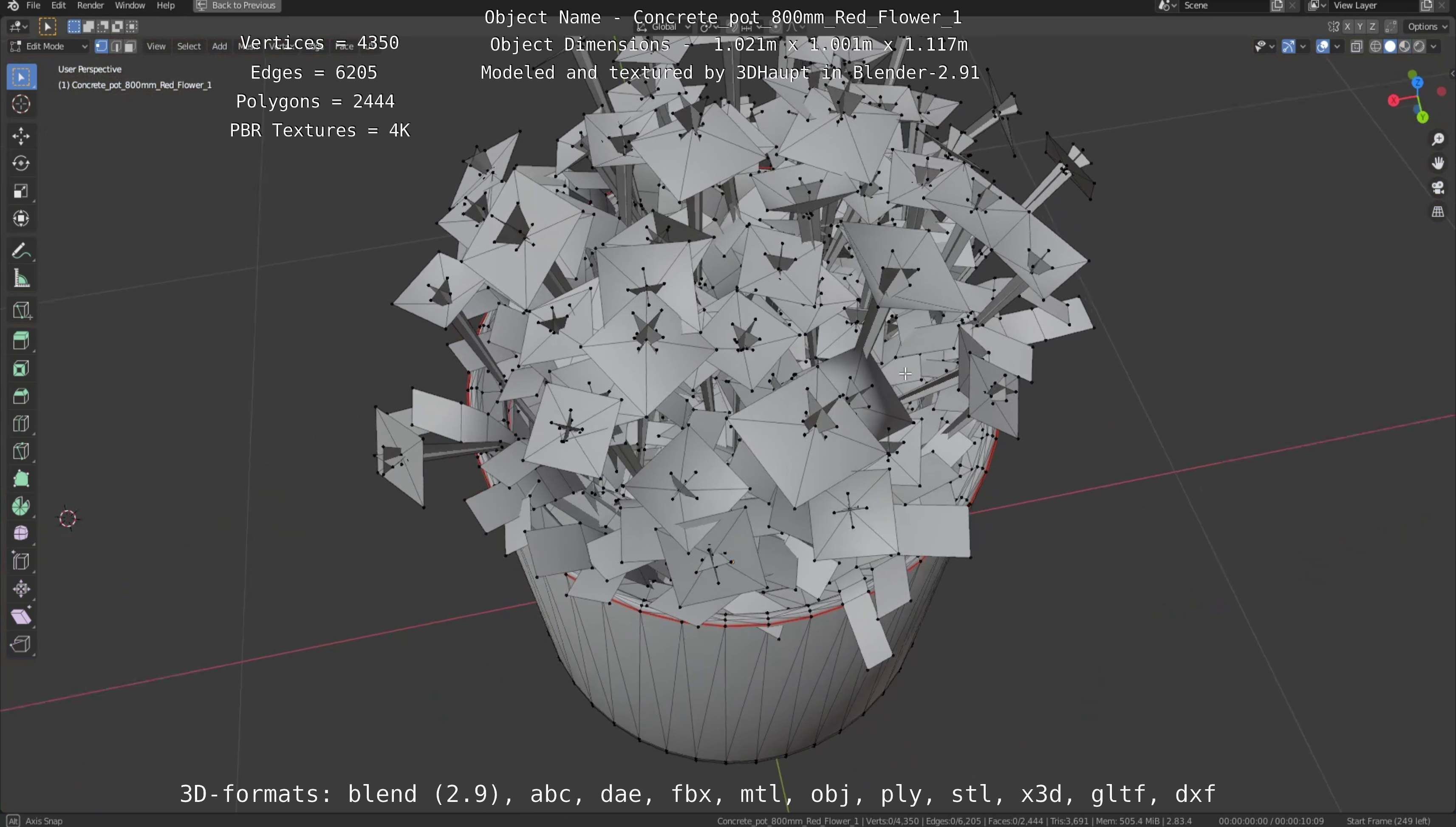 Concrete Pot 800mm with Red Flowers Version 1 Low-poly 3D model_120