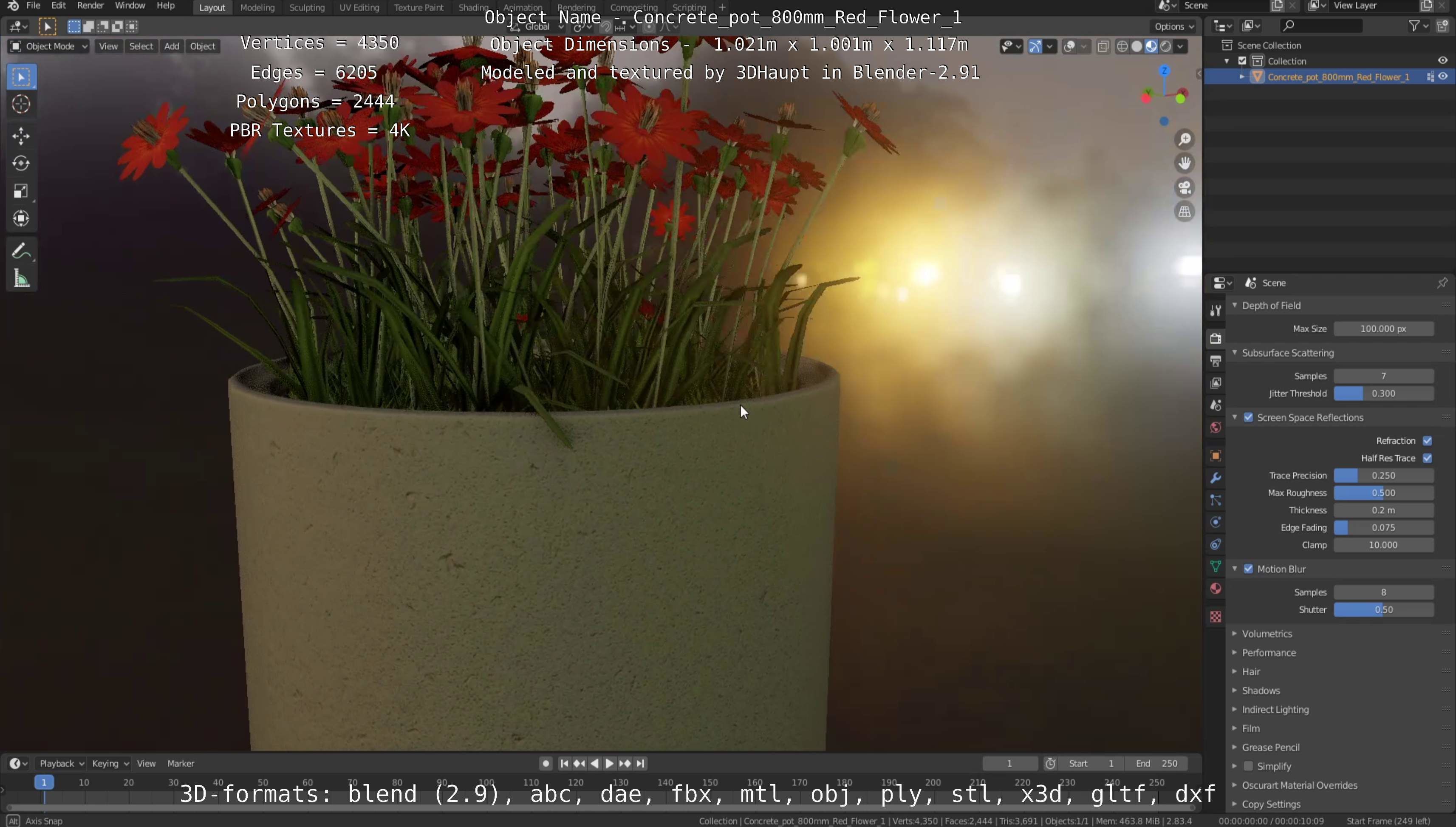 Concrete Pot 800mm with Red Flowers Version 1 Low-poly 3D model_3