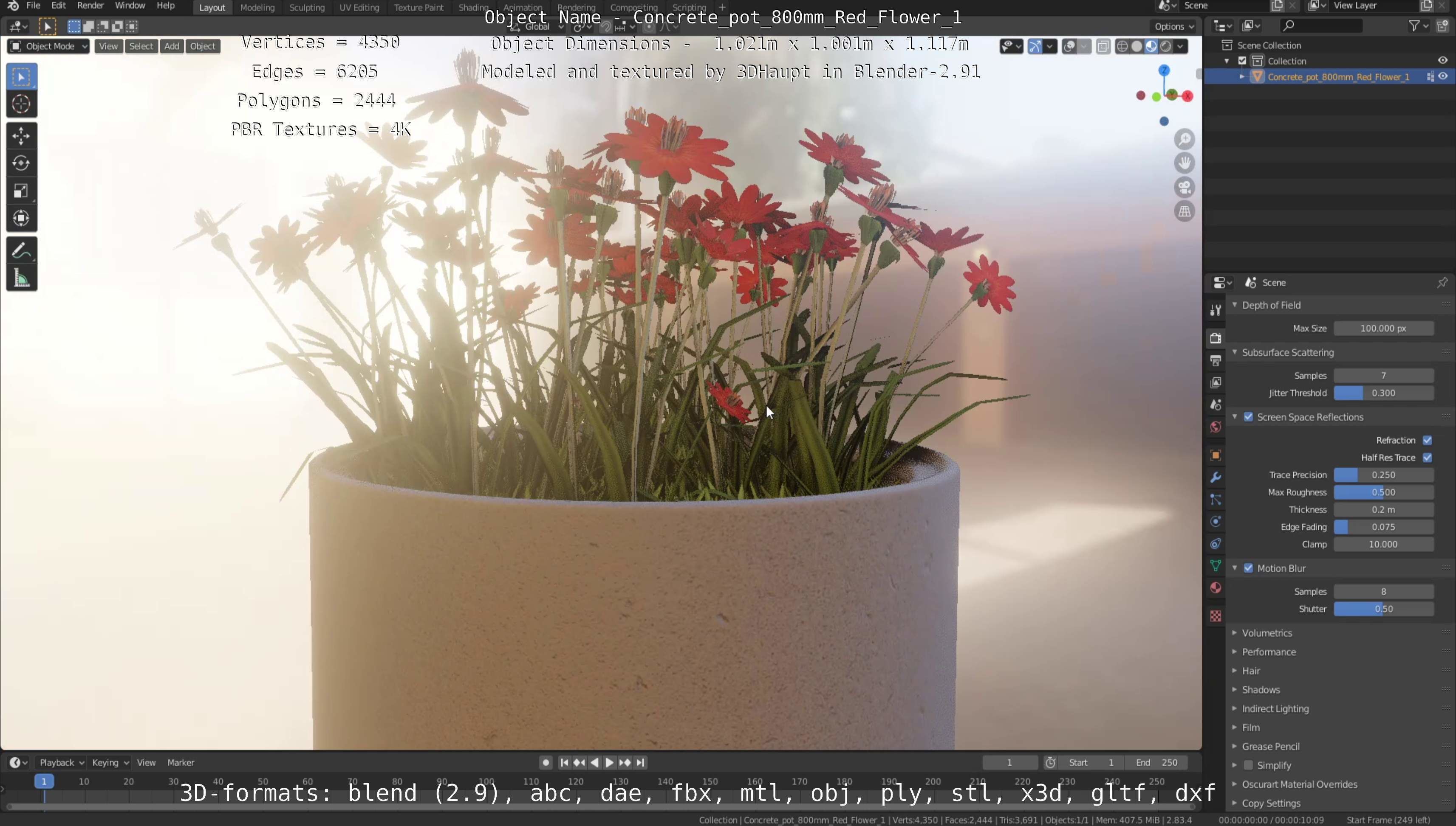 Concrete Pot 800mm with Red Flowers Version 1 Low-poly 3D model_70