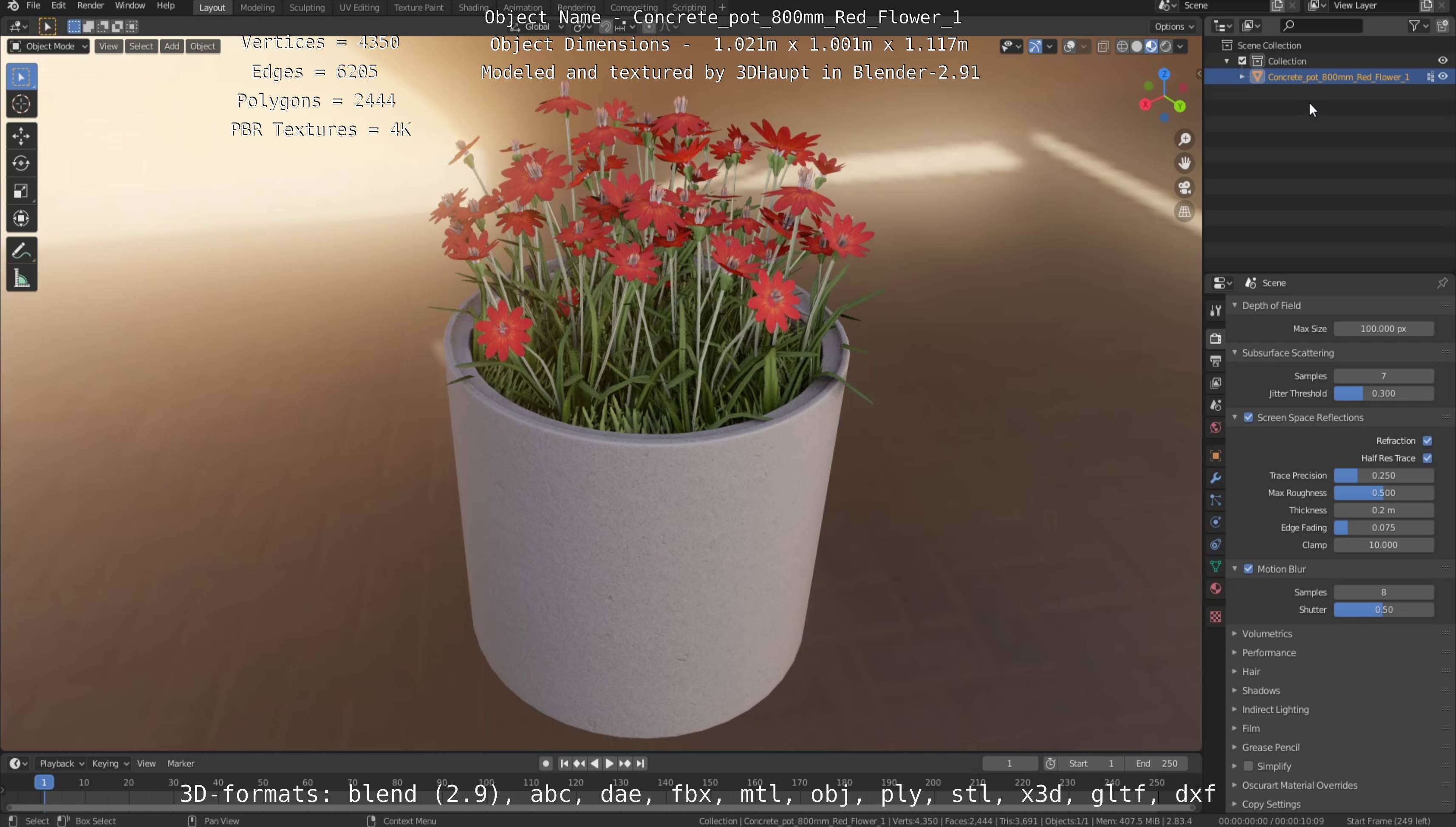 Concrete Pot 800mm with Red Flowers Version 1 Low-poly 3D model_83