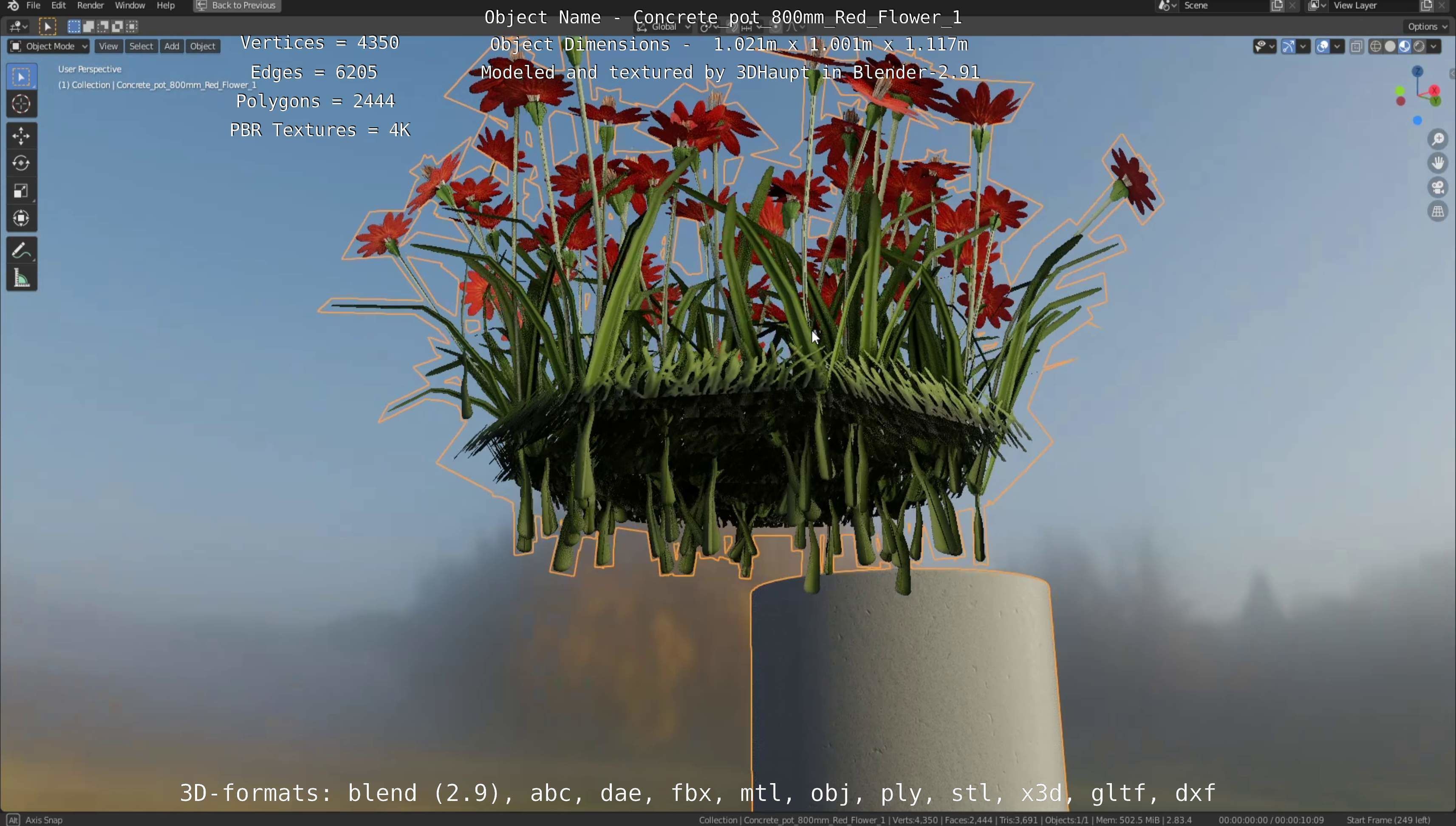 Concrete Pot 800mm with Red Flowers Version 1 Low-poly 3D model_48