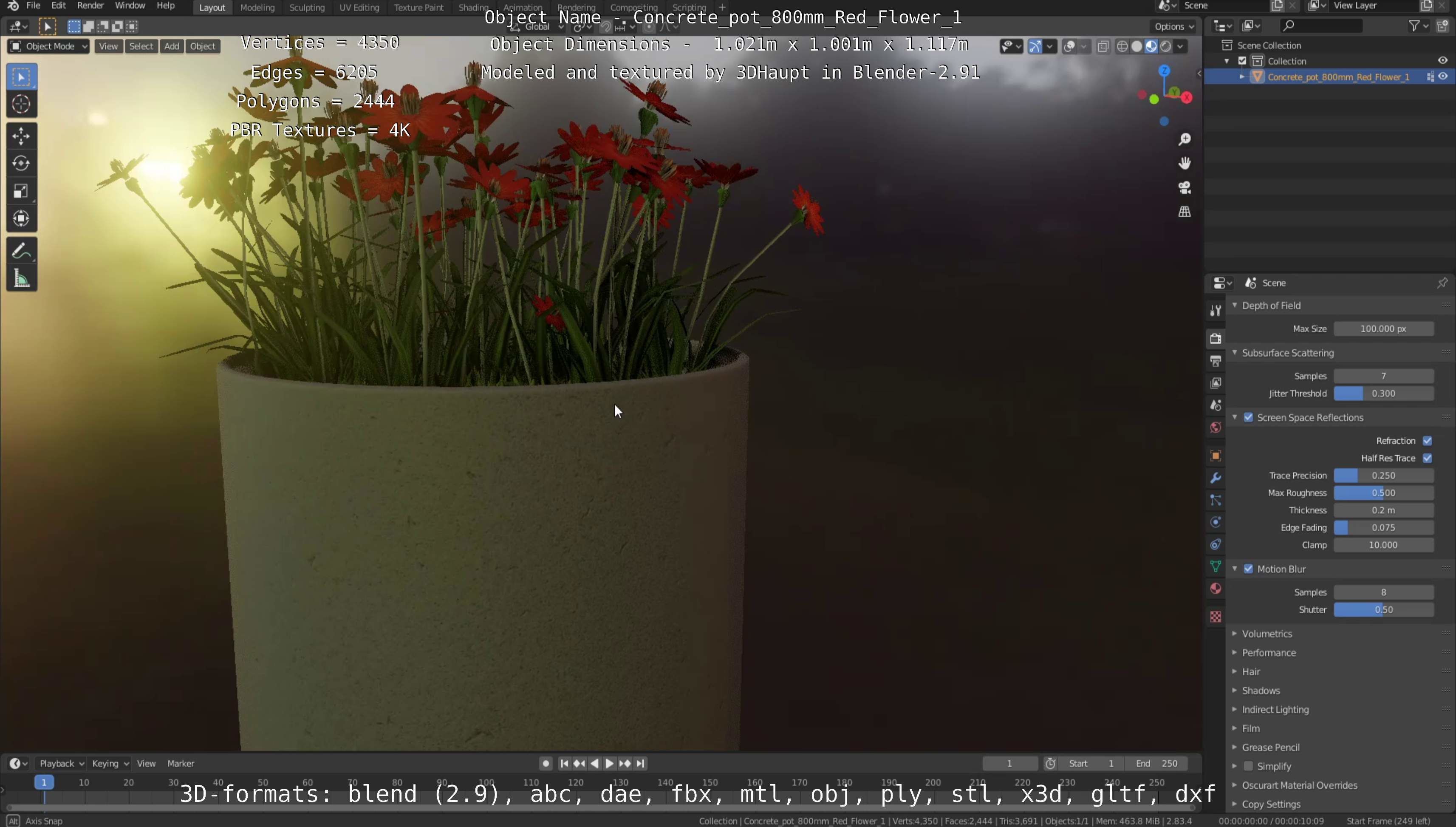 Concrete Pot 800mm with Red Flowers Version 1 Low-poly 3D model_92