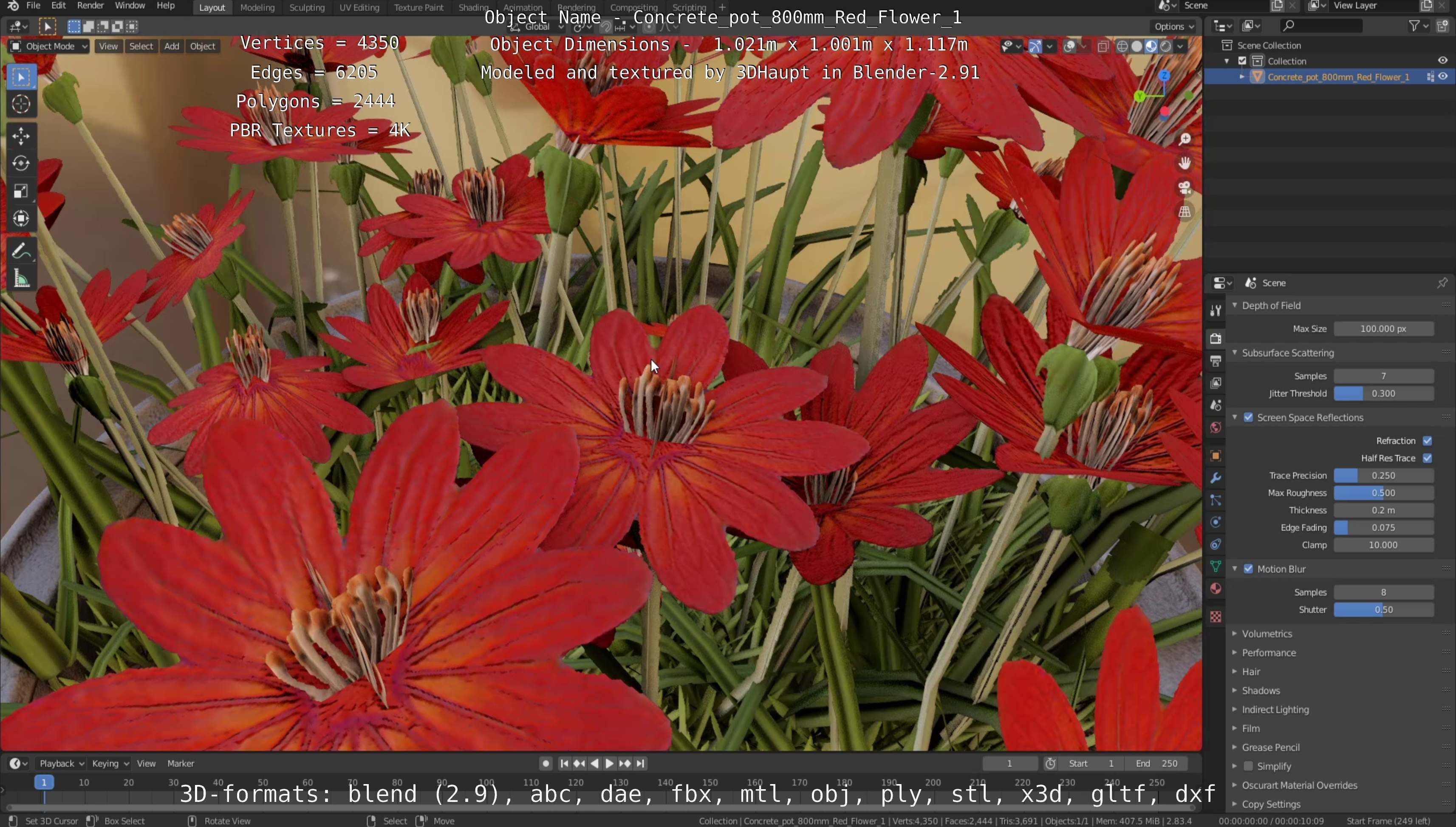 Concrete Pot 800mm with Red Flowers Version 1 Low-poly 3D model_80