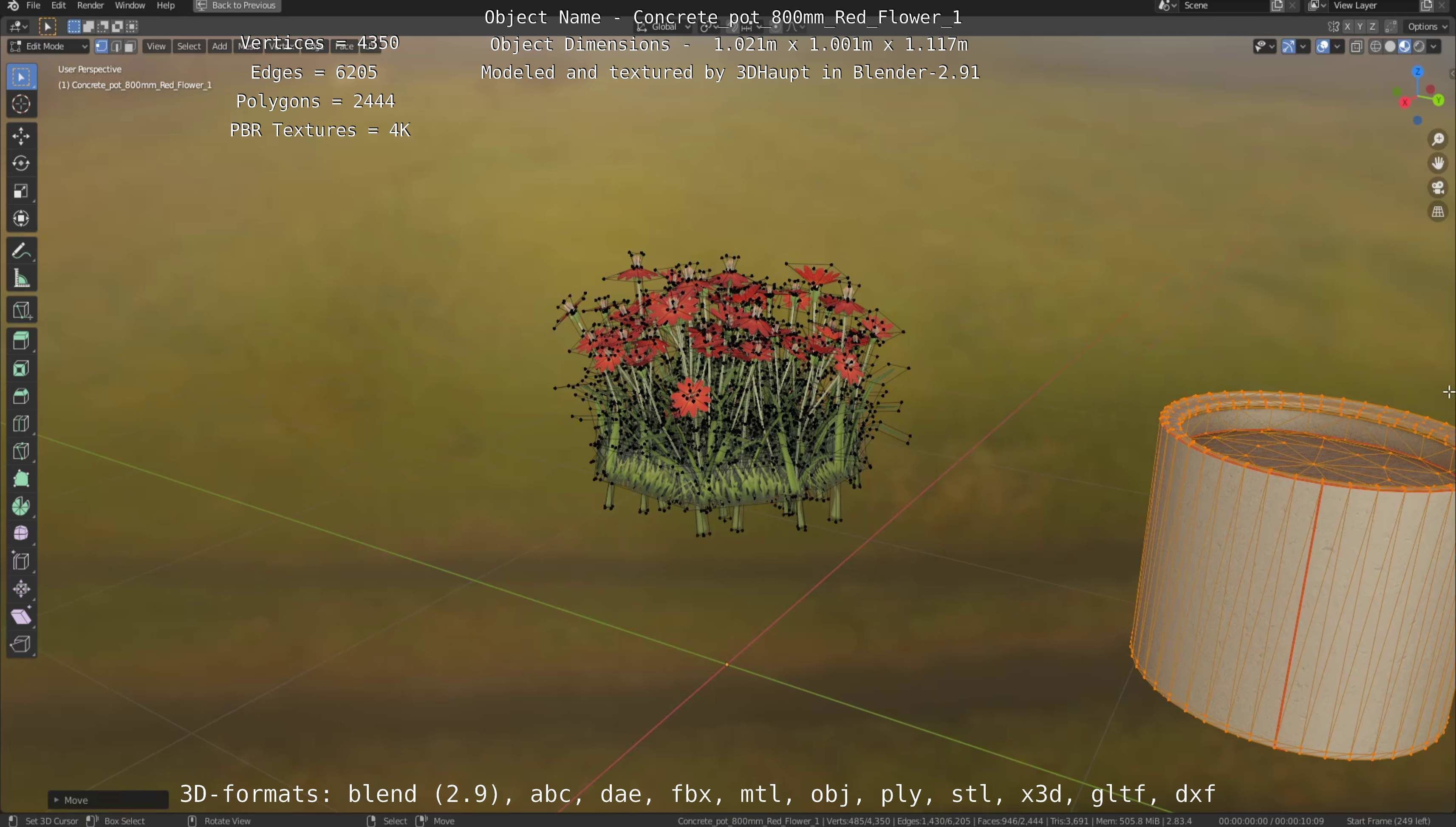 Concrete Pot 800mm with Red Flowers Version 1 Low-poly 3D model_43