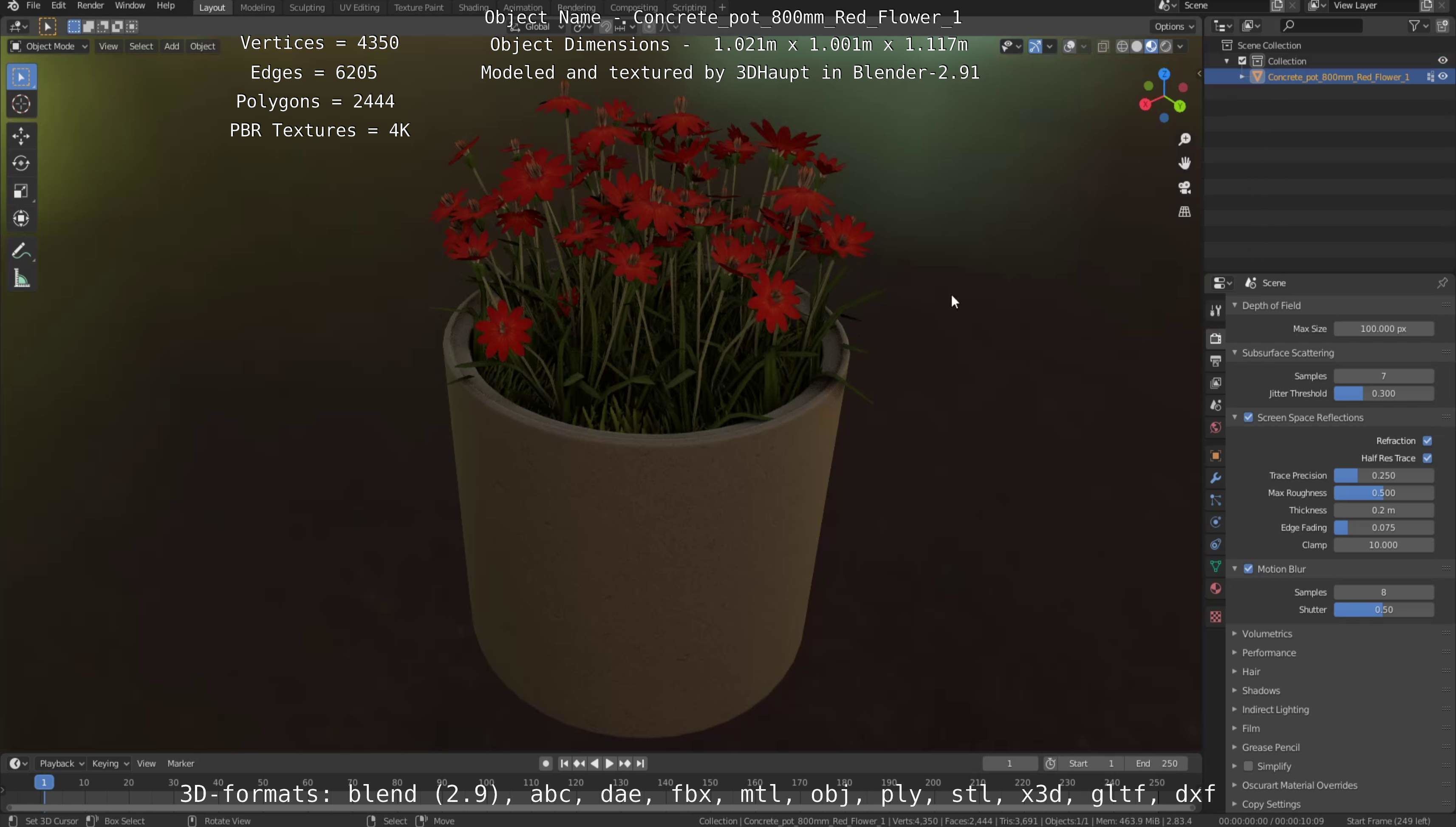 Concrete Pot 800mm with Red Flowers Version 1 Low-poly 3D model_36