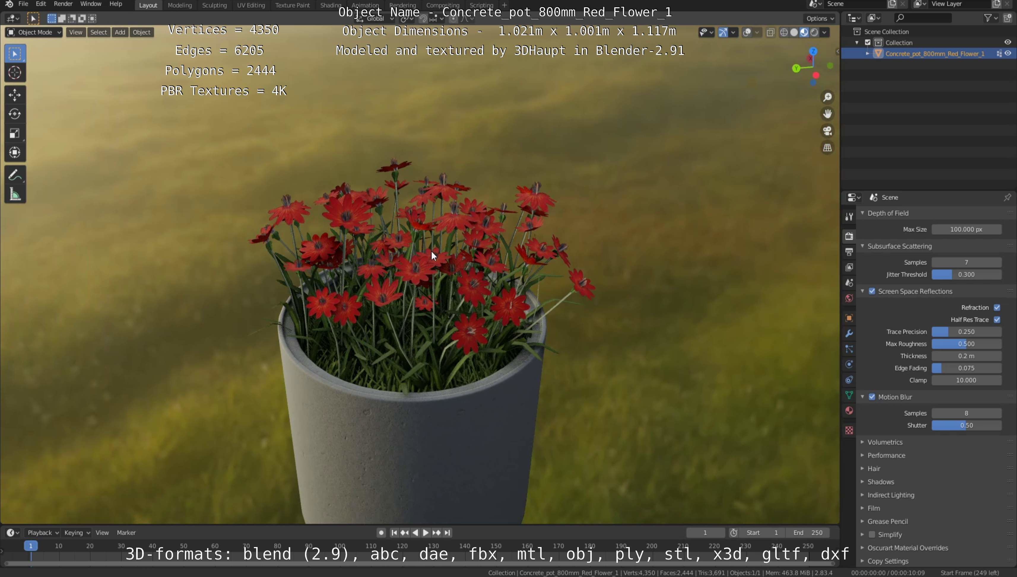 Concrete Pot 800mm with Red Flowers Version 1 Low-poly 3D model_104