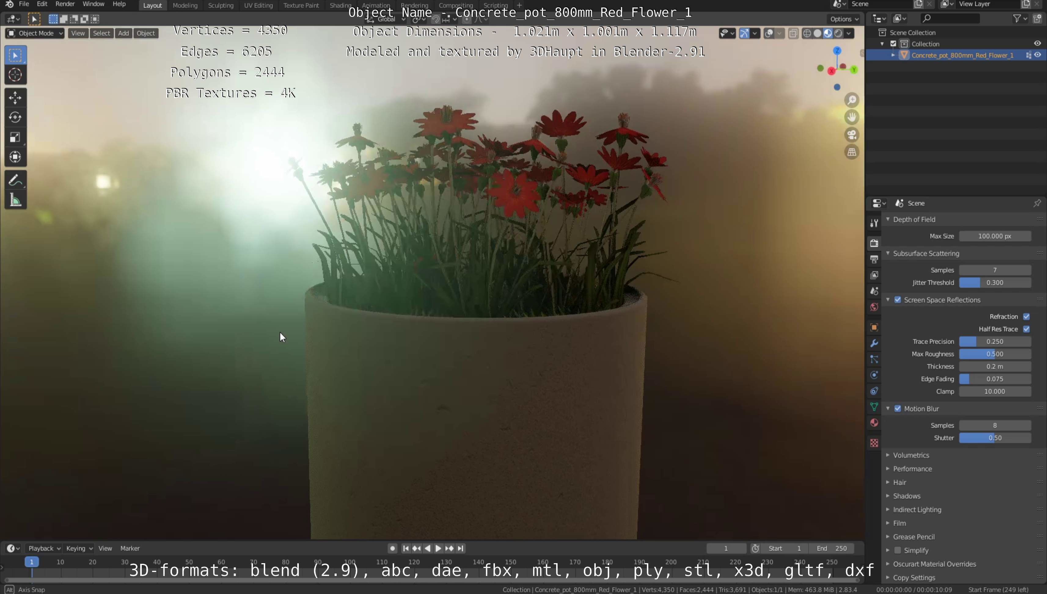 Concrete Pot 800mm with Red Flowers Version 1 Low-poly 3D model_5