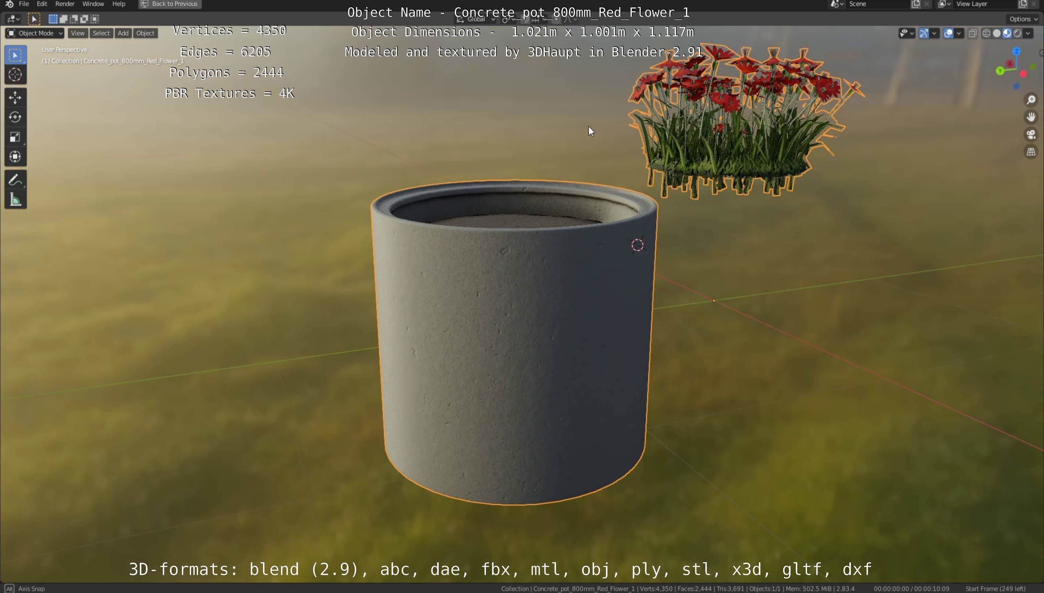 Concrete Pot 800mm with Red Flowers Version 1 Low-poly 3D model_56