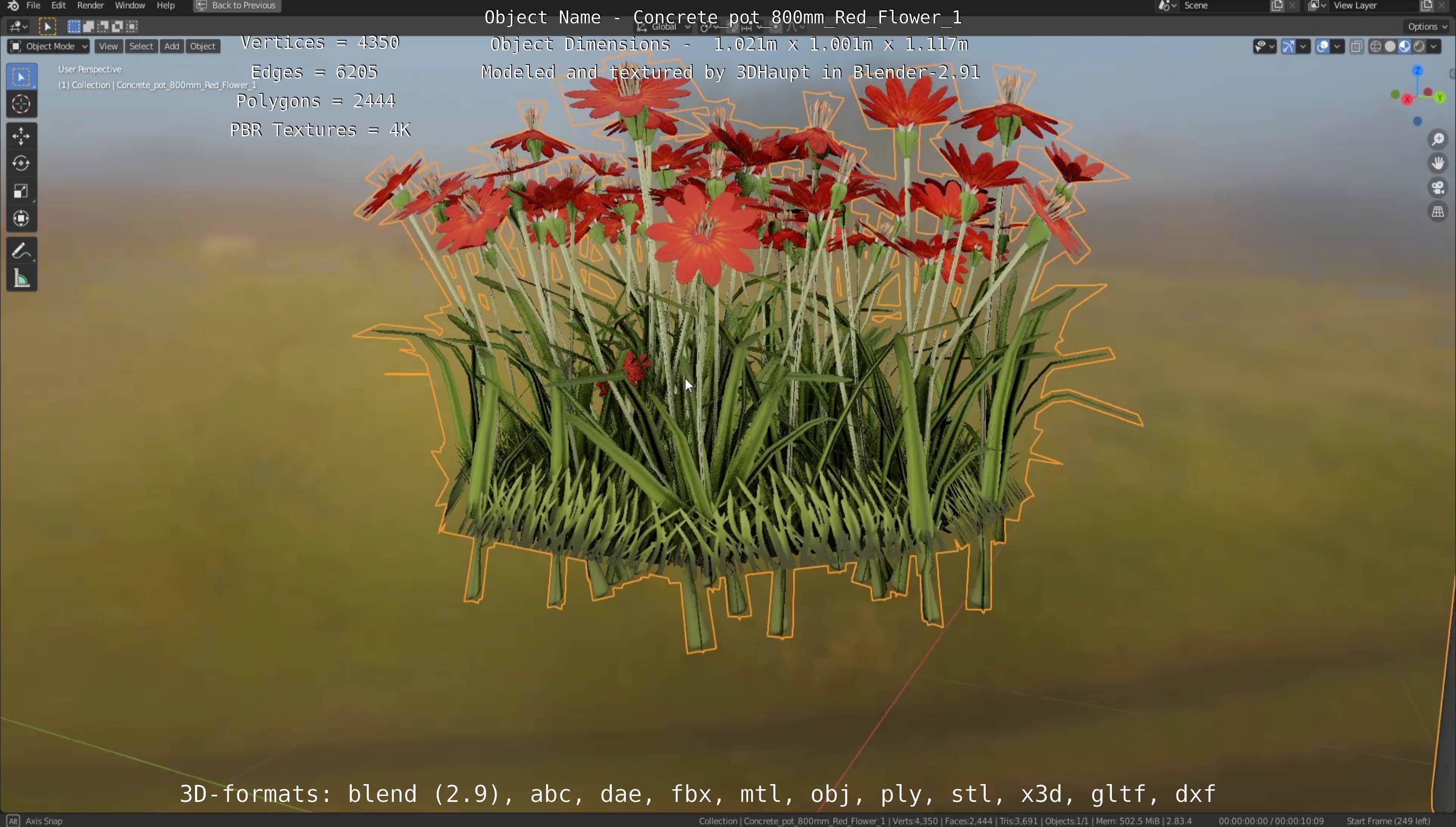 Concrete Pot 800mm with Red Flowers Version 1 Low-poly 3D model_46