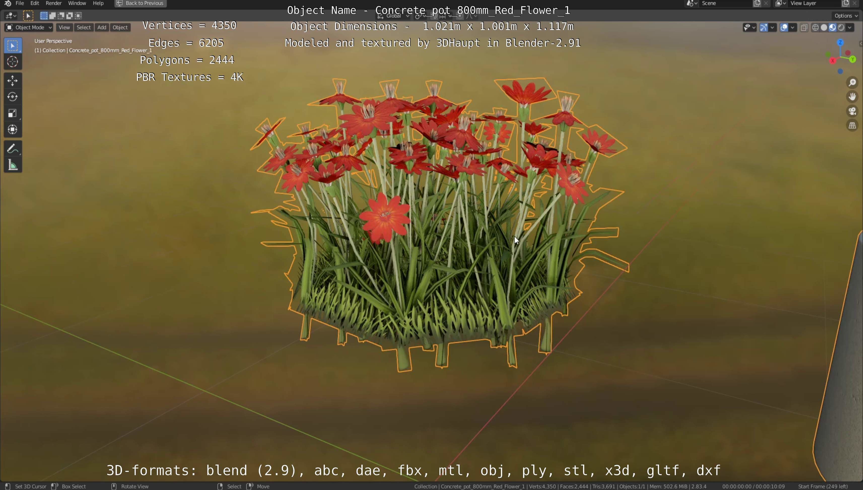 Concrete Pot 800mm with Red Flowers Version 1 Low-poly 3D model_45