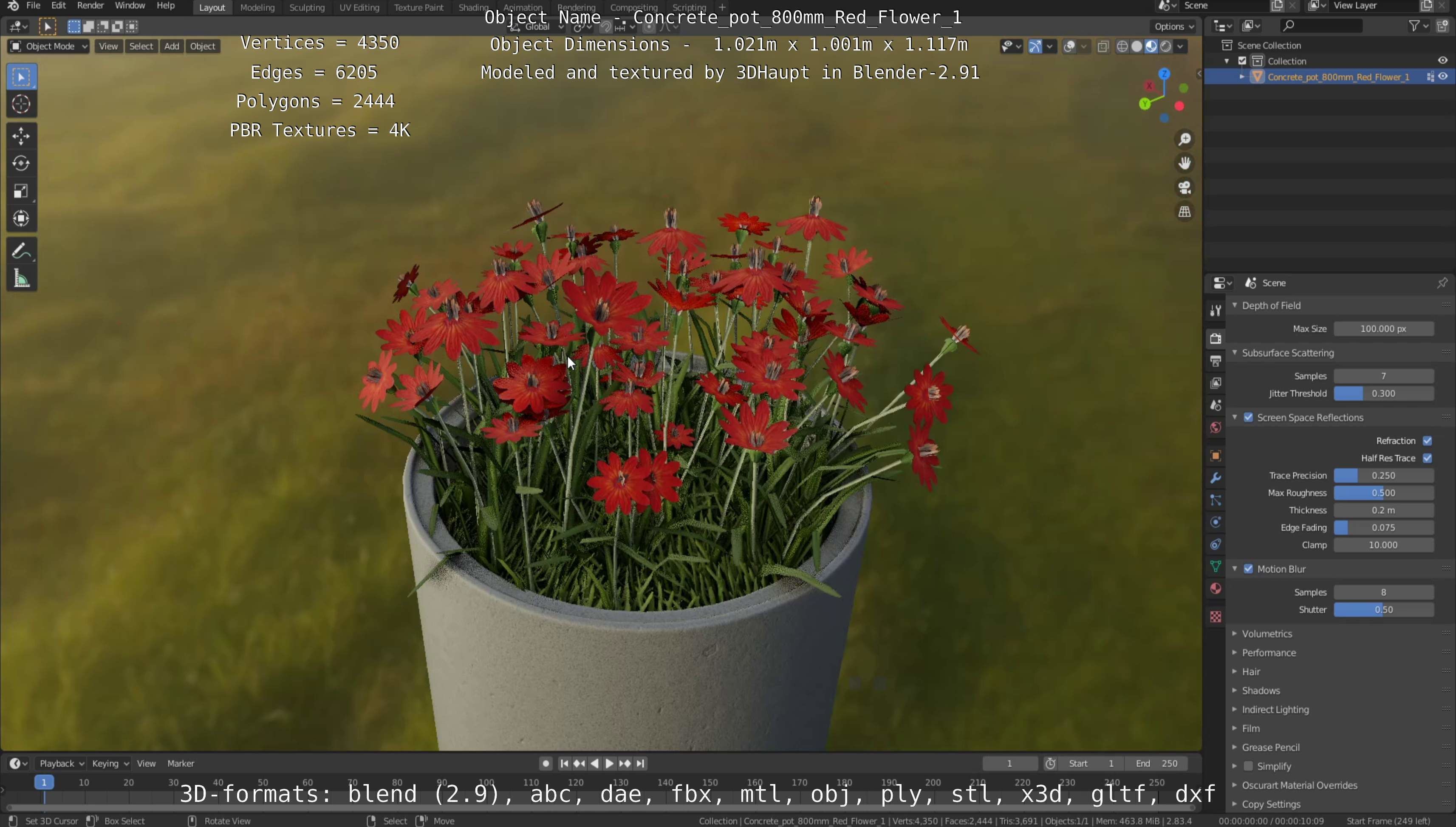 Concrete Pot 800mm with Red Flowers Version 1 Low-poly 3D model_101